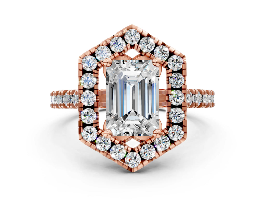 Rose gold Hexagonal Halo Emerald Cut Diamond Pavé Band with Four-Prong Setting_3