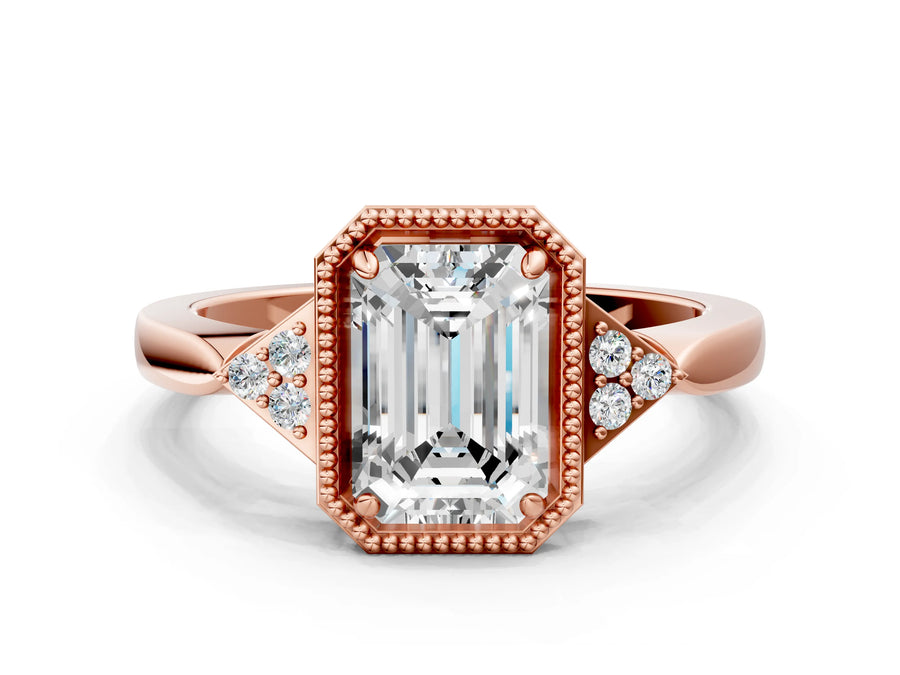 Rose gold Hexagonal Halo Emerald Cut Diamond Solitaire with Pavé Band and Four-Prong Setting