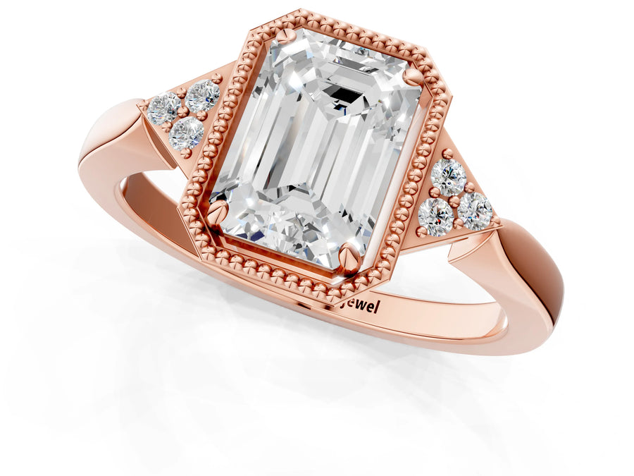 Rose gold Hexagonal Halo Emerald Cut Diamond Solitaire with Pavé Band and Four-Prong Setting