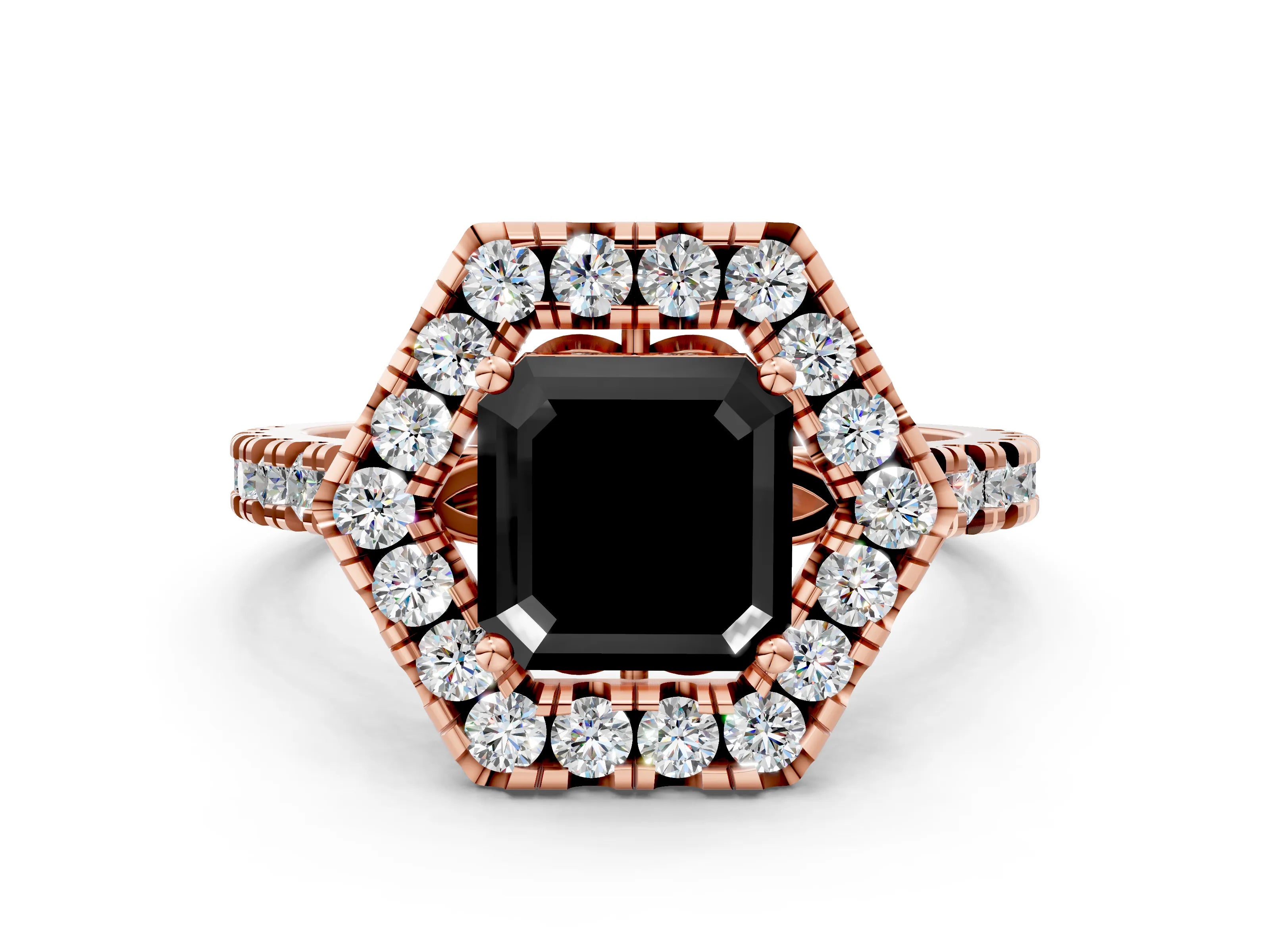 Rose gold Hexagonal Halo Fancy Black Asscher Cut Diamond Pavé Band with Four-Prong Setting