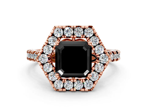 Rose gold Hexagonal Halo Fancy Black Asscher Cut Diamond Pavé Band with Four-Prong Setting