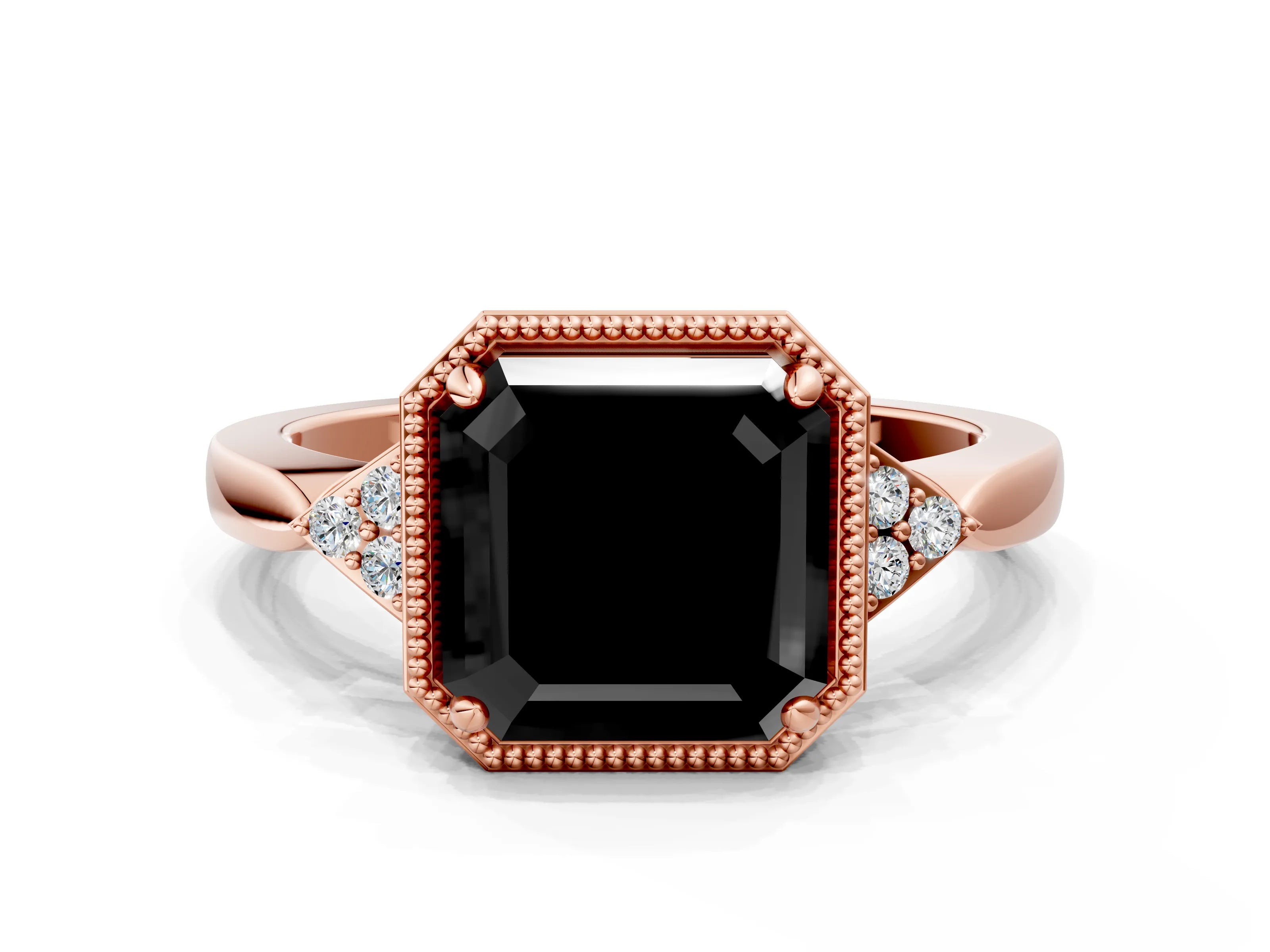 Rose gold Hexagonal Halo Fancy Black Asscher Cut Diamond Solitaire with Pavé Band and Four-Prong Setting_3