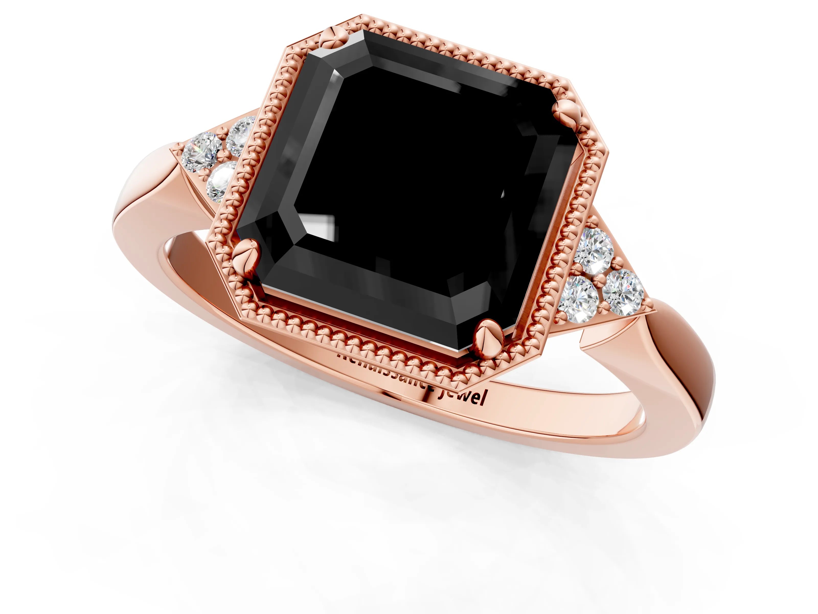 Rose gold Hexagonal Halo Fancy Black Asscher Cut Diamond Solitaire with Pavé Band and Four-Prong Setting_4