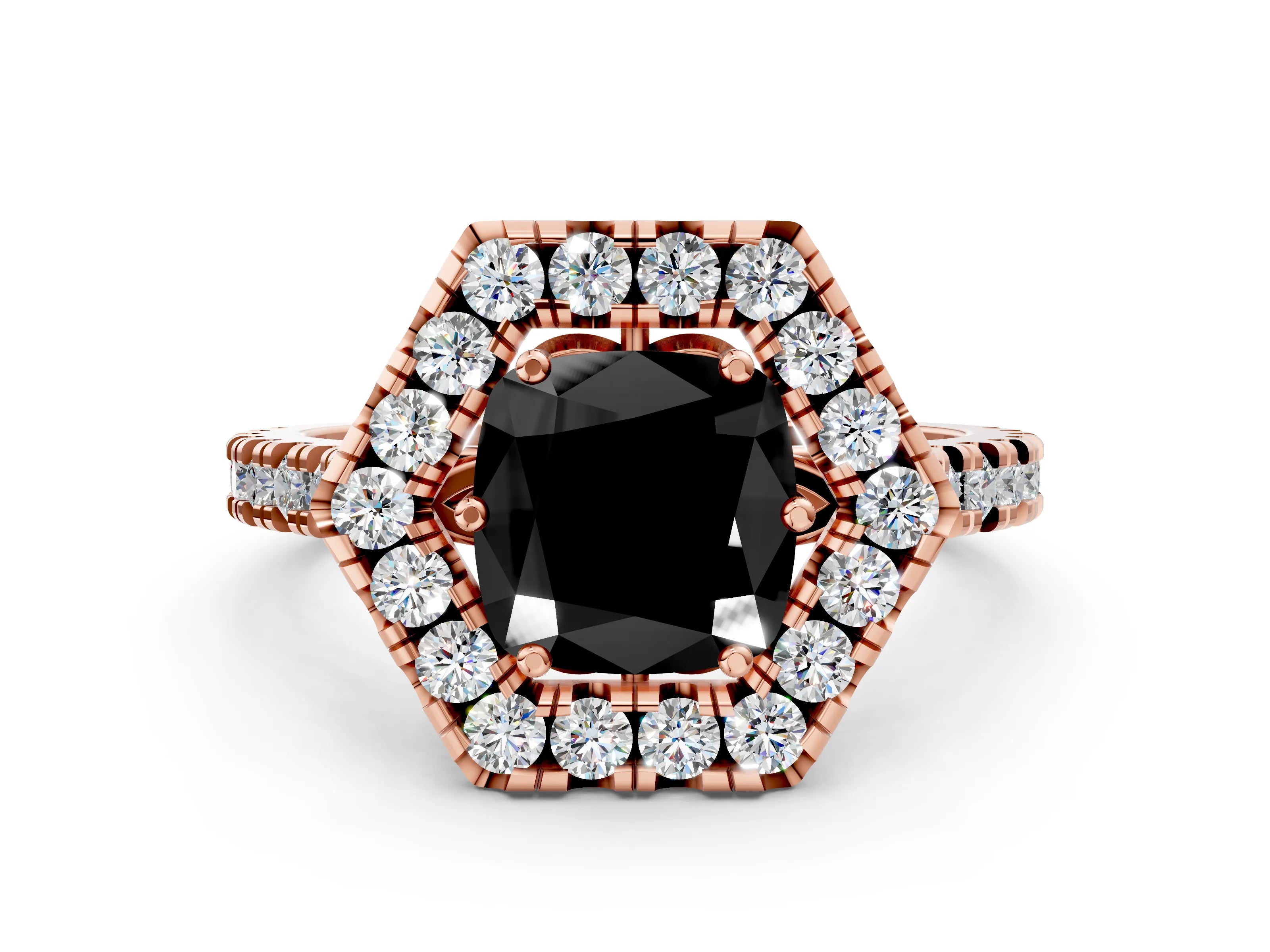 Rose gold Hexagonal Halo Fancy Black Cushion Cut Diamond Pavé Band with Four-Prong Setting