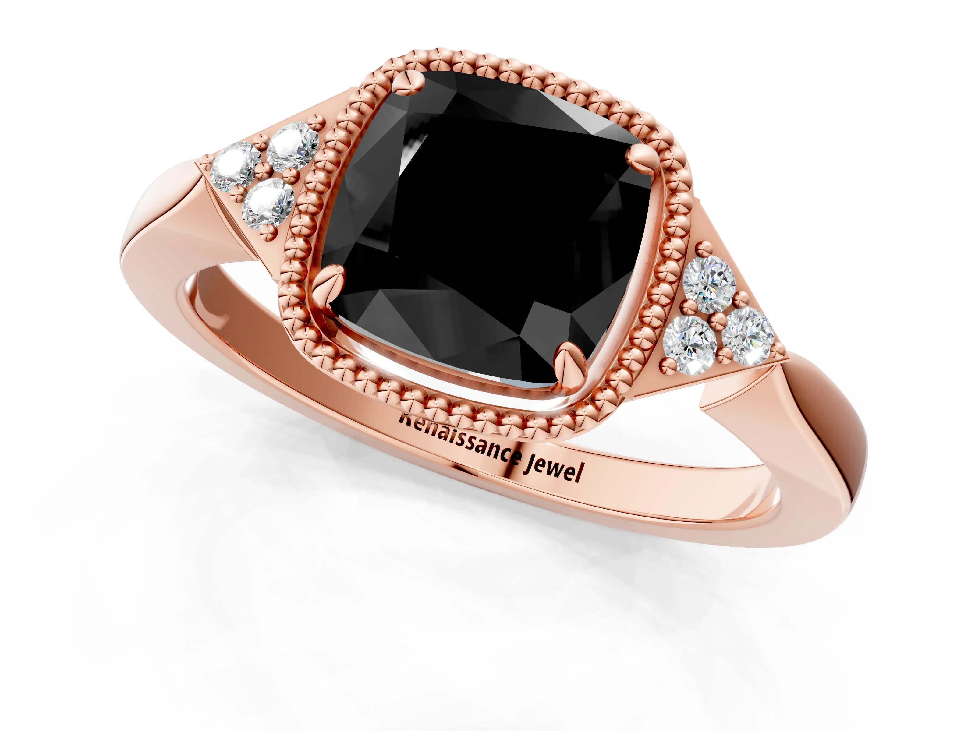 Rose gold Hexagonal Halo Fancy Black Cushion Cut Diamond Solitaire with Pavé Band and Four-Prong Setting_4