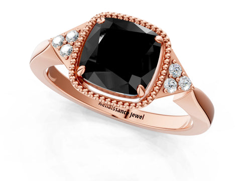 Rose gold Hexagonal Halo Fancy Black Cushion Cut Diamond Solitaire with Pavé Band and Four-Prong Setting_4