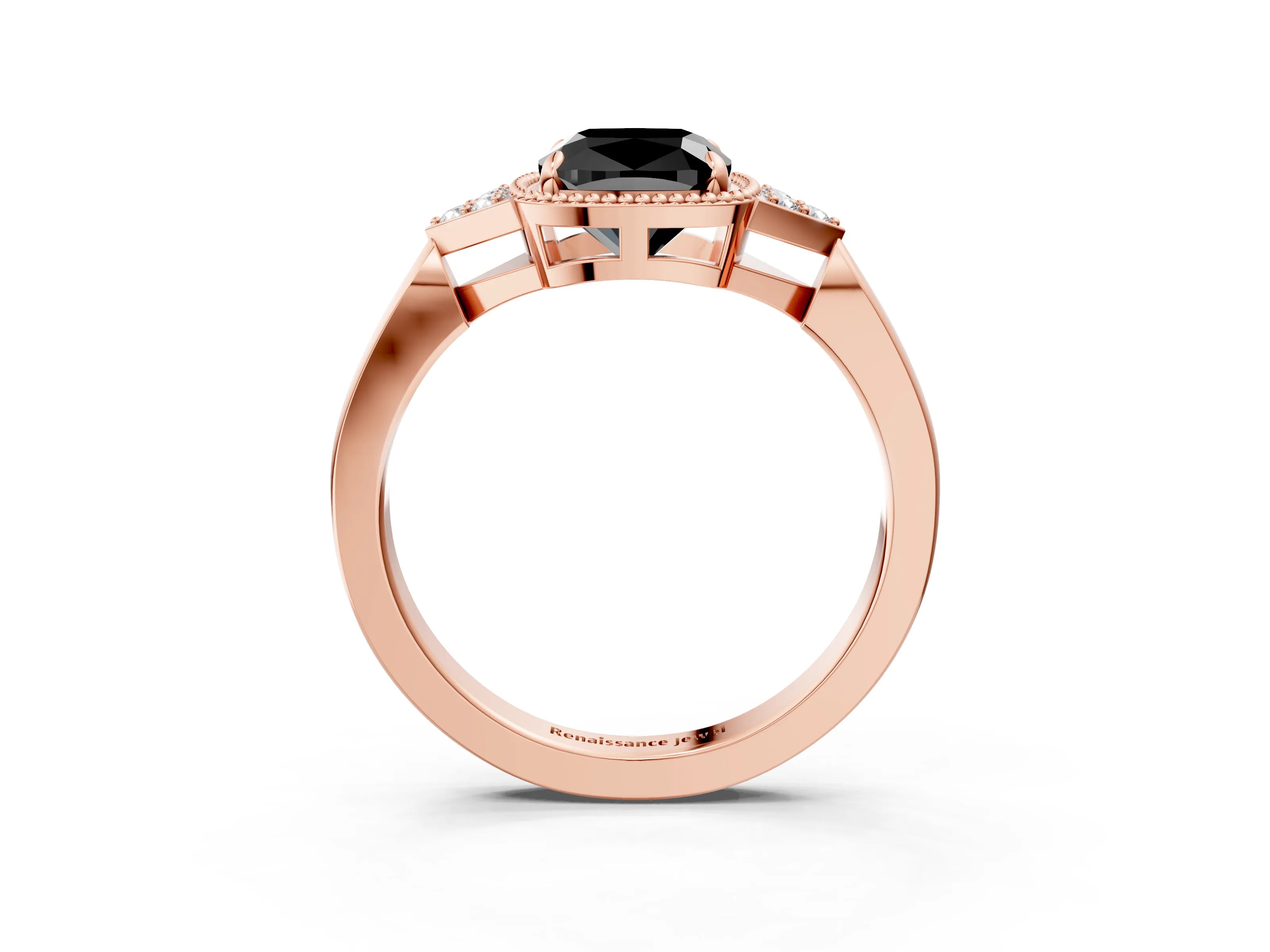 Rose gold Hexagonal Halo Fancy Black Cushion Cut Diamond Solitaire with Pavé Band and Four-Prong Setting_6