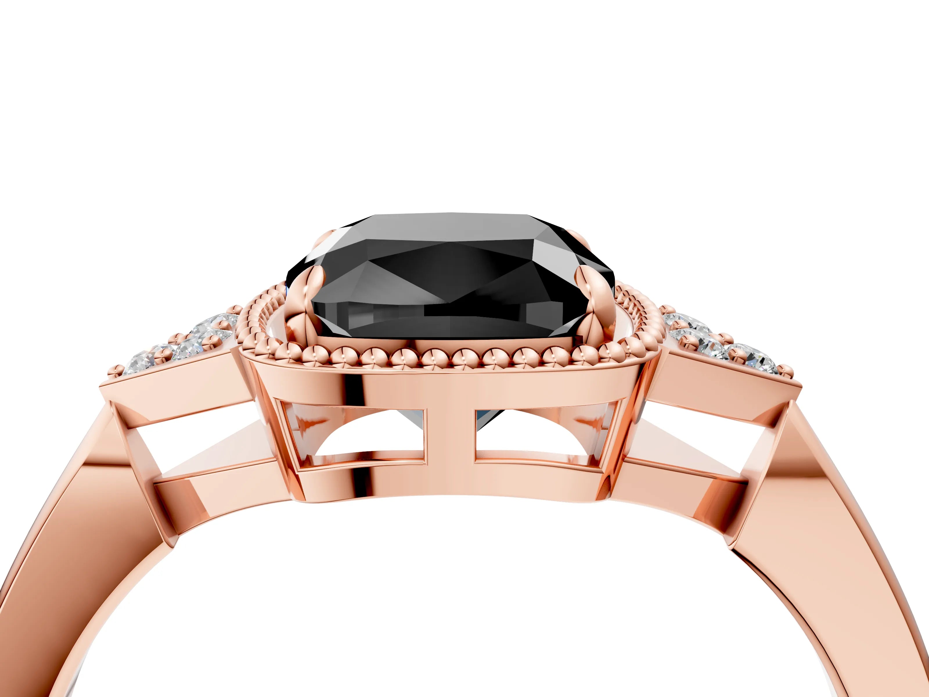 Rose gold Hexagonal Halo Fancy Black Cushion Cut Diamond Solitaire with Pavé Band and Four-Prong Setting_7