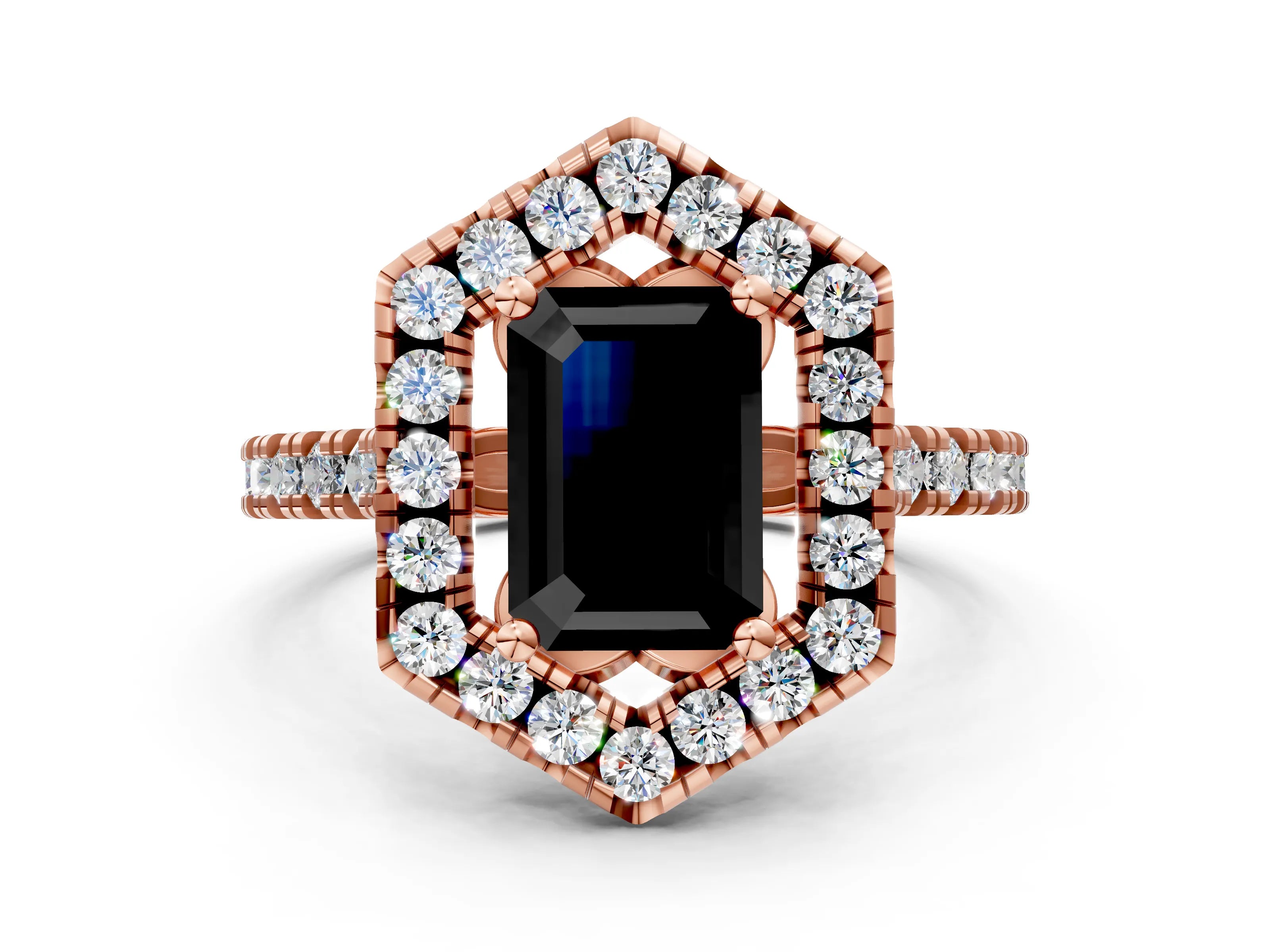 Rose gold Hexagonal Halo Fancy Black Emerald Cut Diamond Pavé Band with Four-Prong Setting
