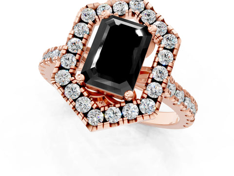 Rose gold Hexagonal Halo Fancy Black Emerald Cut Diamond Pavé Band with Four-Prong Setting_1