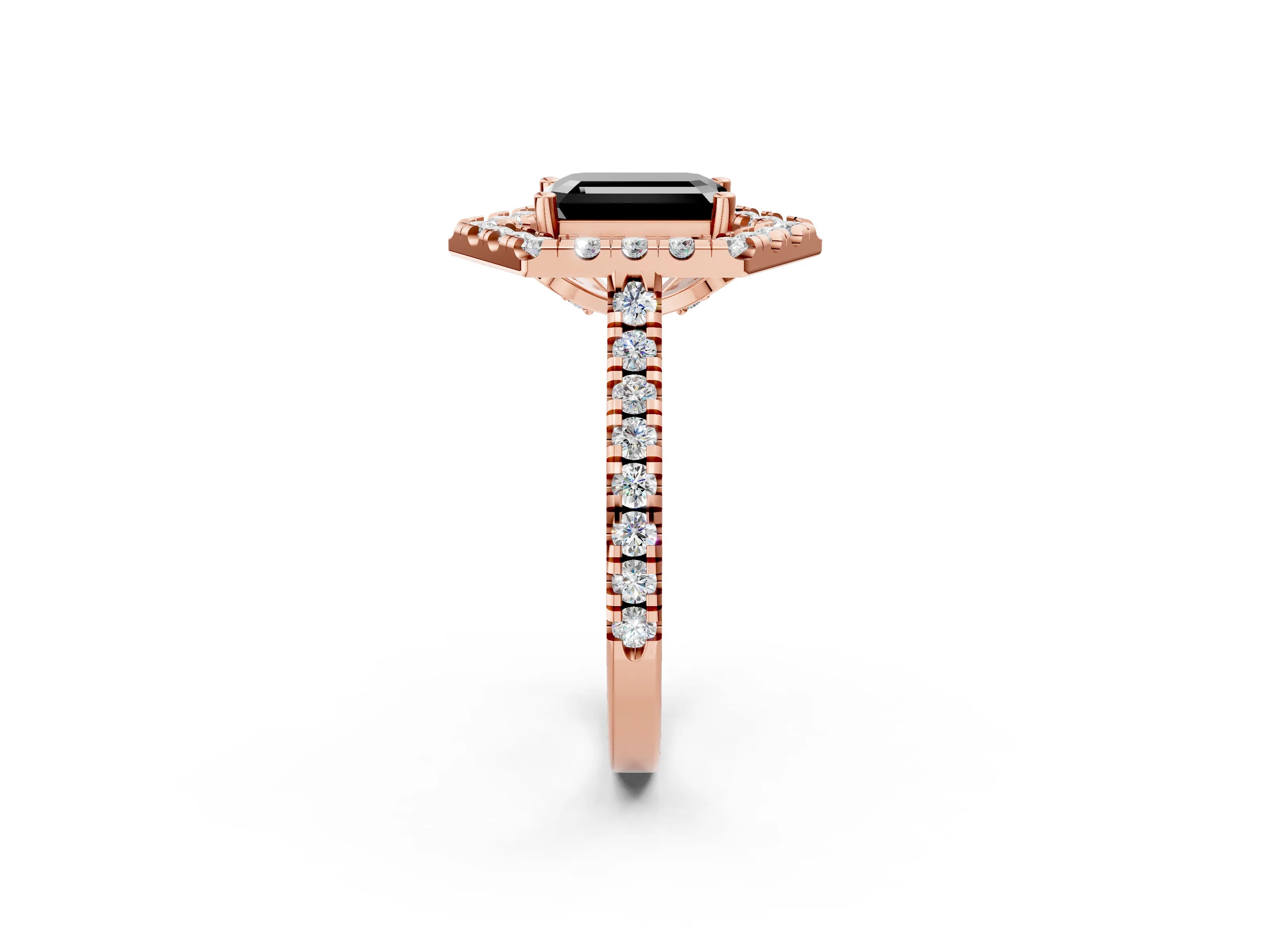 Rose gold Hexagonal Halo Fancy Black Emerald Cut Diamond Pavé Band with Four-Prong Setting_2