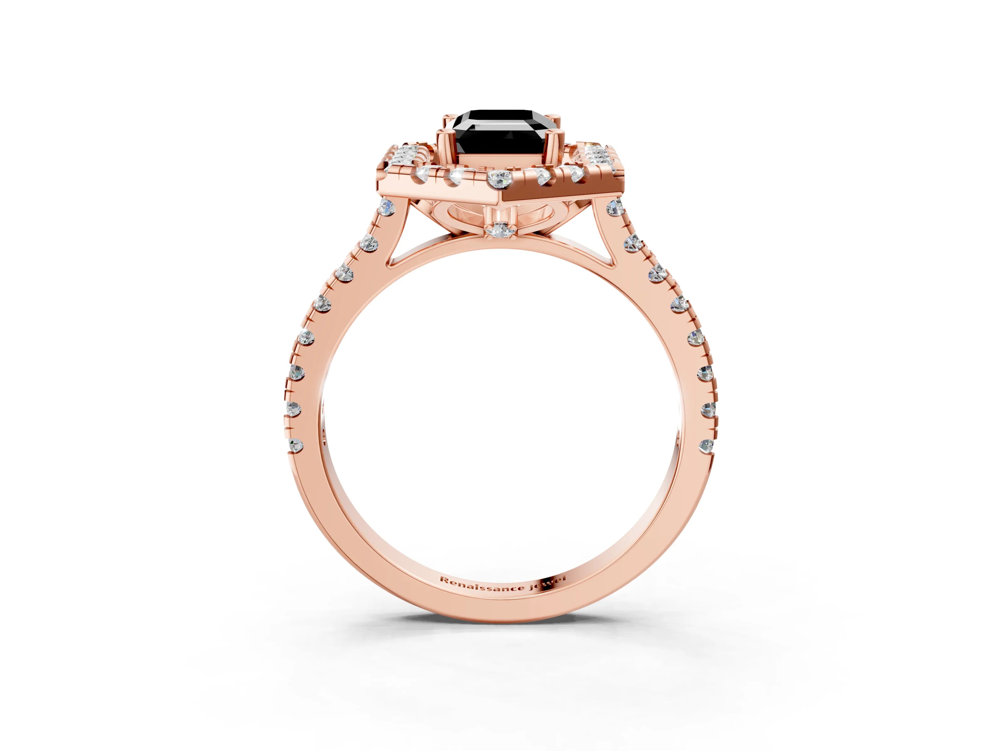 Rose gold Hexagonal Halo Fancy Black Emerald Cut Diamond Pavé Band with Four-Prong Setting_3