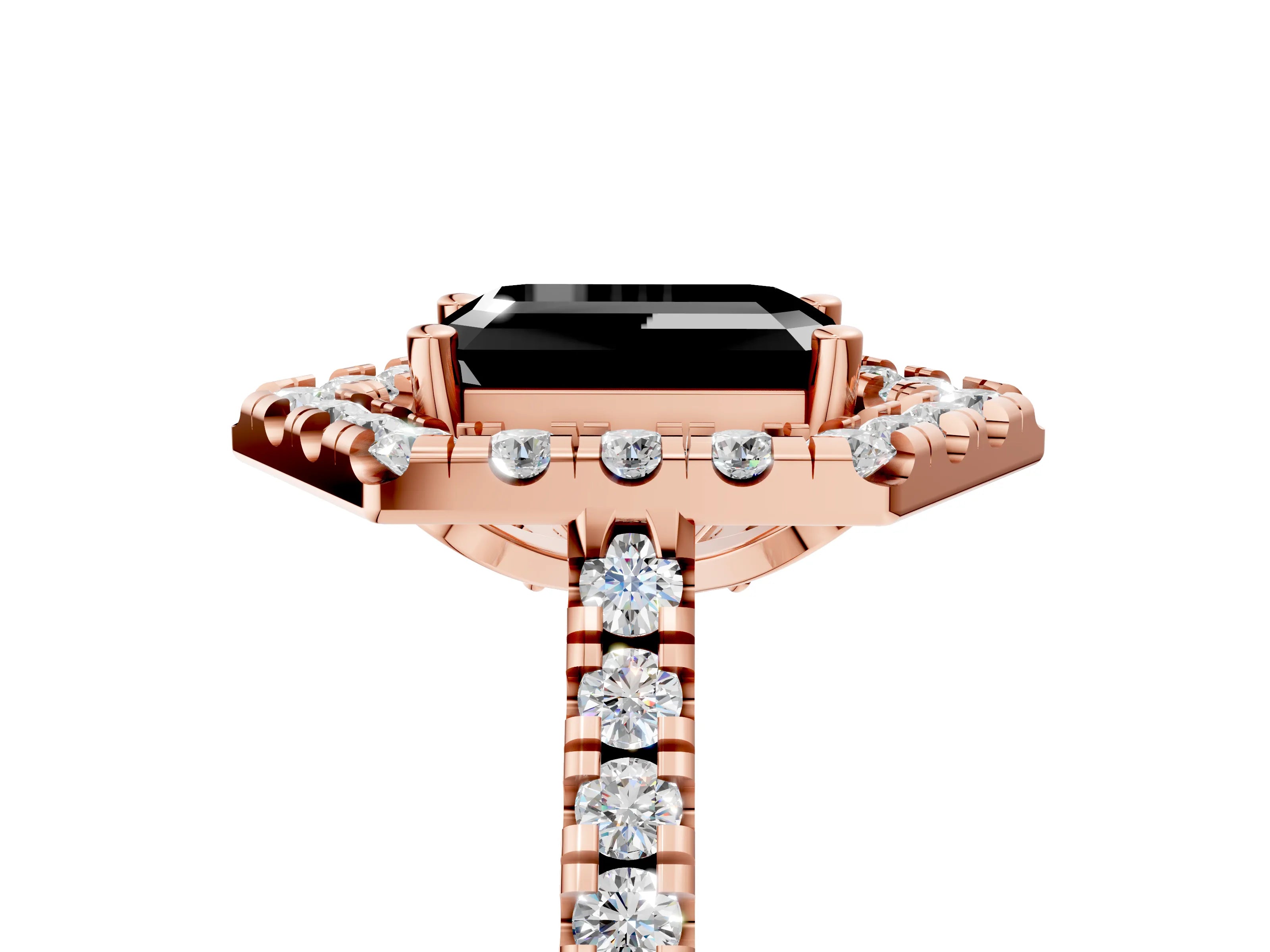 Rose gold Hexagonal Halo Fancy Black Emerald Cut Diamond Pavé Band with Four-Prong Setting_5