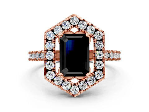 Rose gold Hexagonal Halo Fancy Black Emerald Cut Diamond Pavé Band with Four-Prong Setting