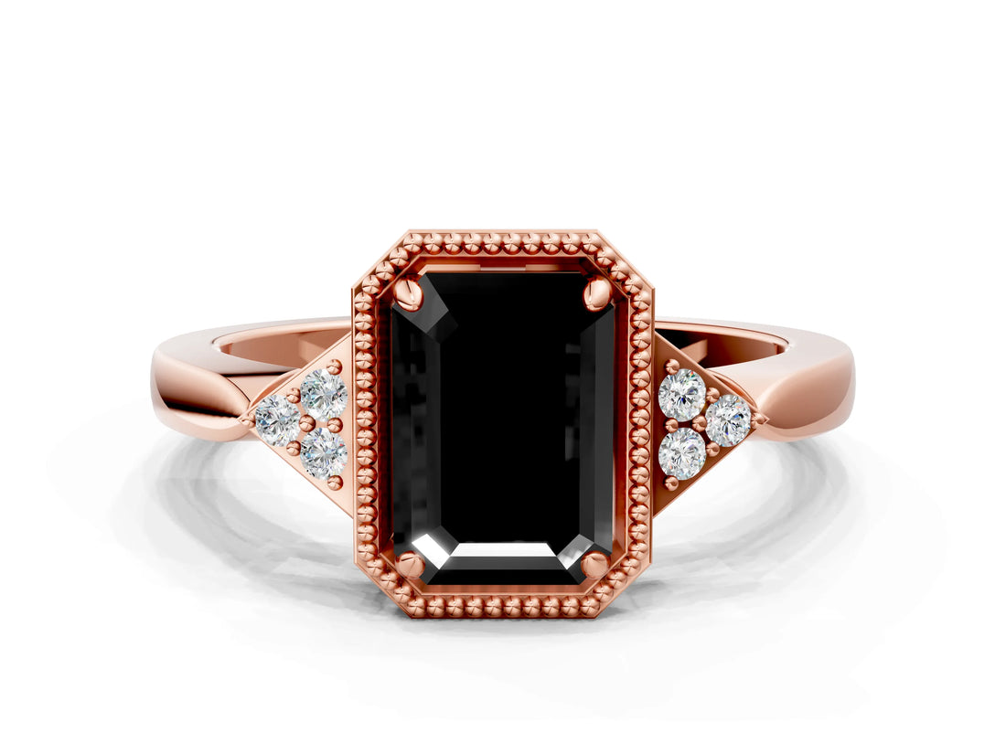 Rose gold Hexagonal Halo Fancy Black Emerald Cut Diamond Solitaire with Pavé Band and Four-Prong Setting_3