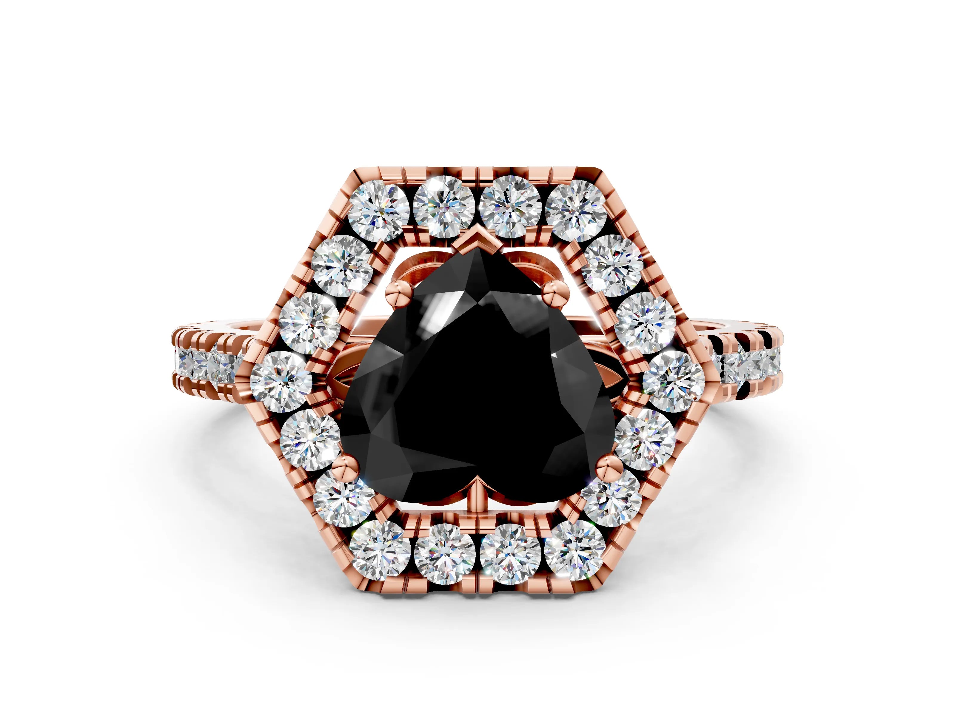 Rose gold Hexagonal Halo Fancy Black Heart Cut Diamond Pavé Band with Four-Prong Setting