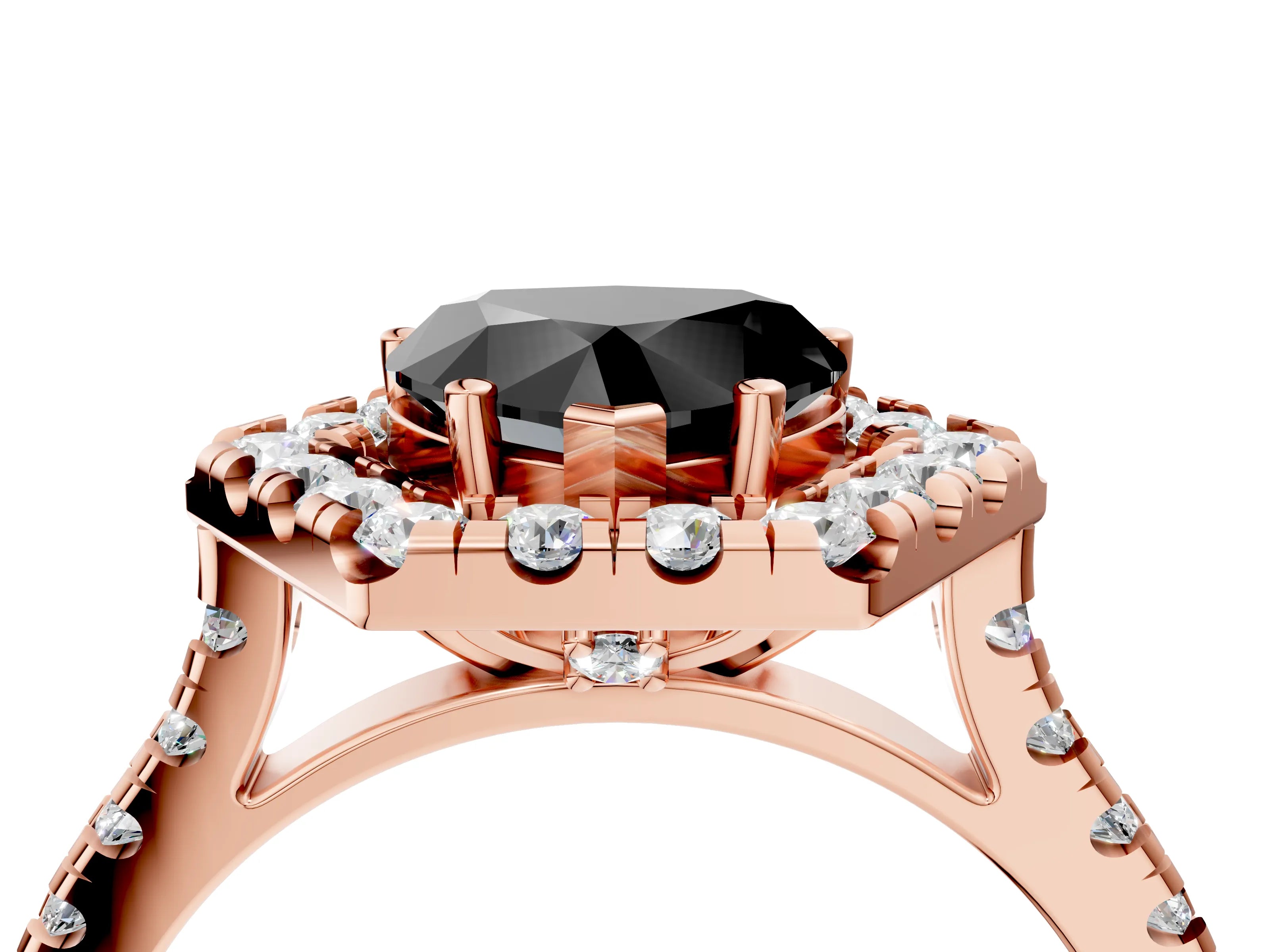 Rose gold Hexagonal Halo Fancy Black Heart Cut Diamond Pavé Band with Four-Prong Setting_4