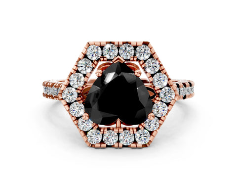 Rose gold Hexagonal Halo Fancy Black Heart Cut Diamond Pavé Band with Four-Prong Setting