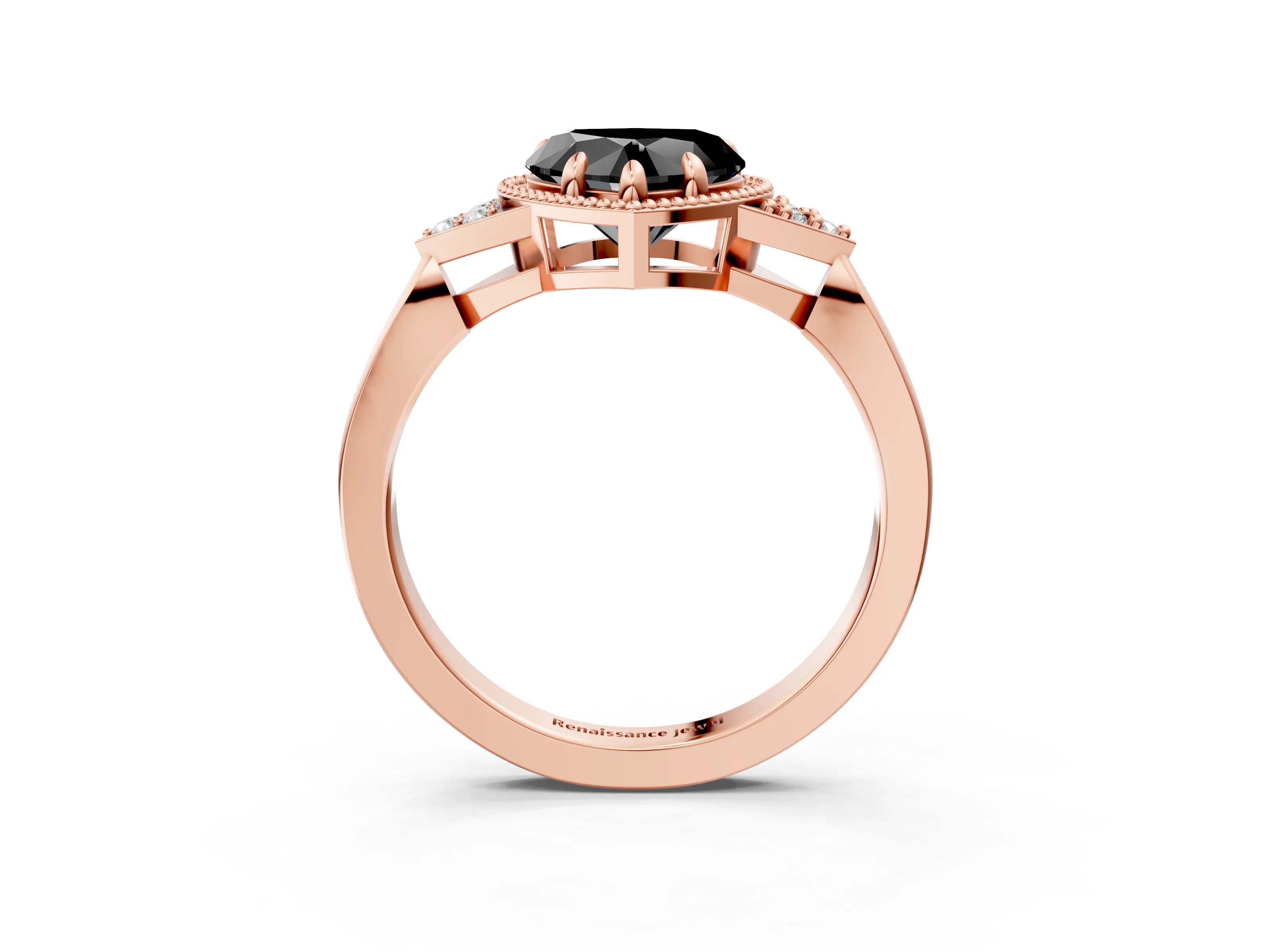 Rose gold Hexagonal Halo Fancy Black Heart Cut Diamond Solitaire with Pavé Band and Four-Prong Setting_6