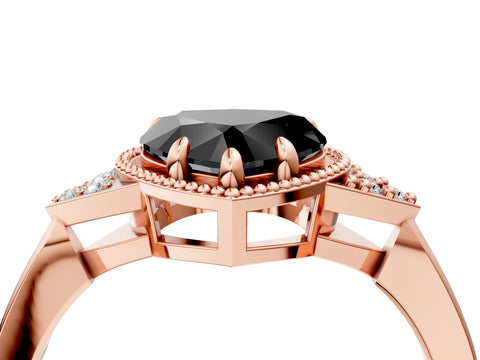 Rose gold Hexagonal Halo Fancy Black Heart Cut Diamond Solitaire with Pavé Band and Four-Prong Setting_7