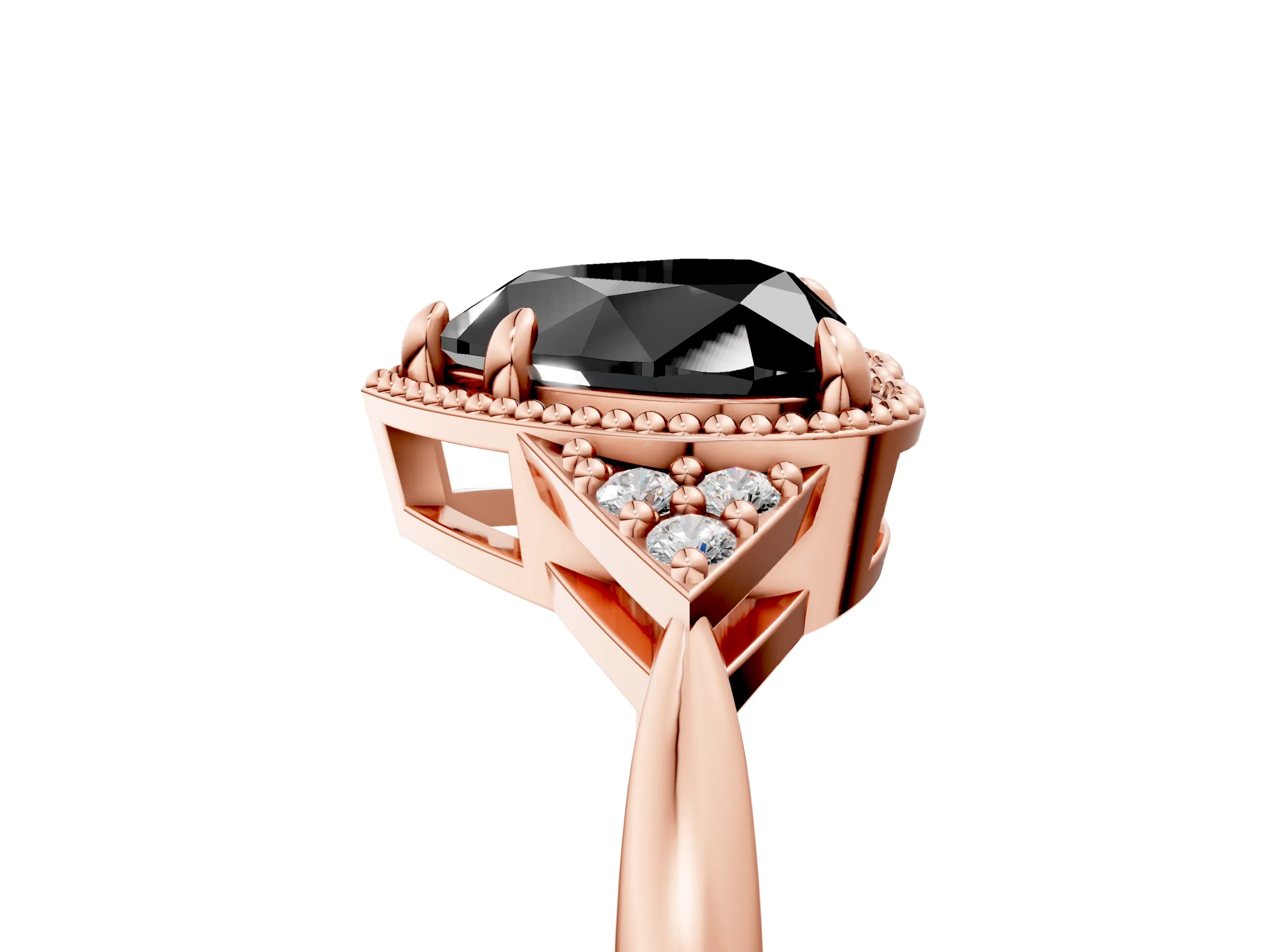 Rose gold Hexagonal Halo Fancy Black Heart Cut Diamond Solitaire with Pavé Band and Four-Prong Setting_8