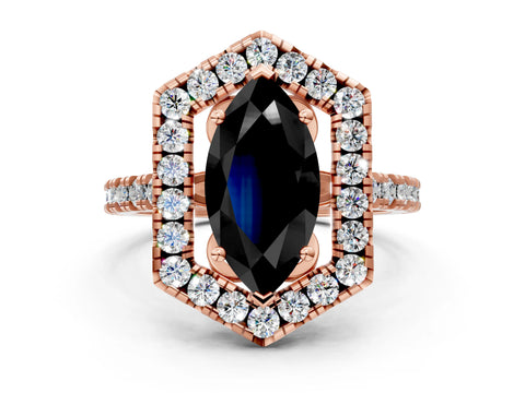 Rose gold Hexagonal Halo Fancy Black Marquise Cut Diamond Pavé Band with Four-Prong Setting