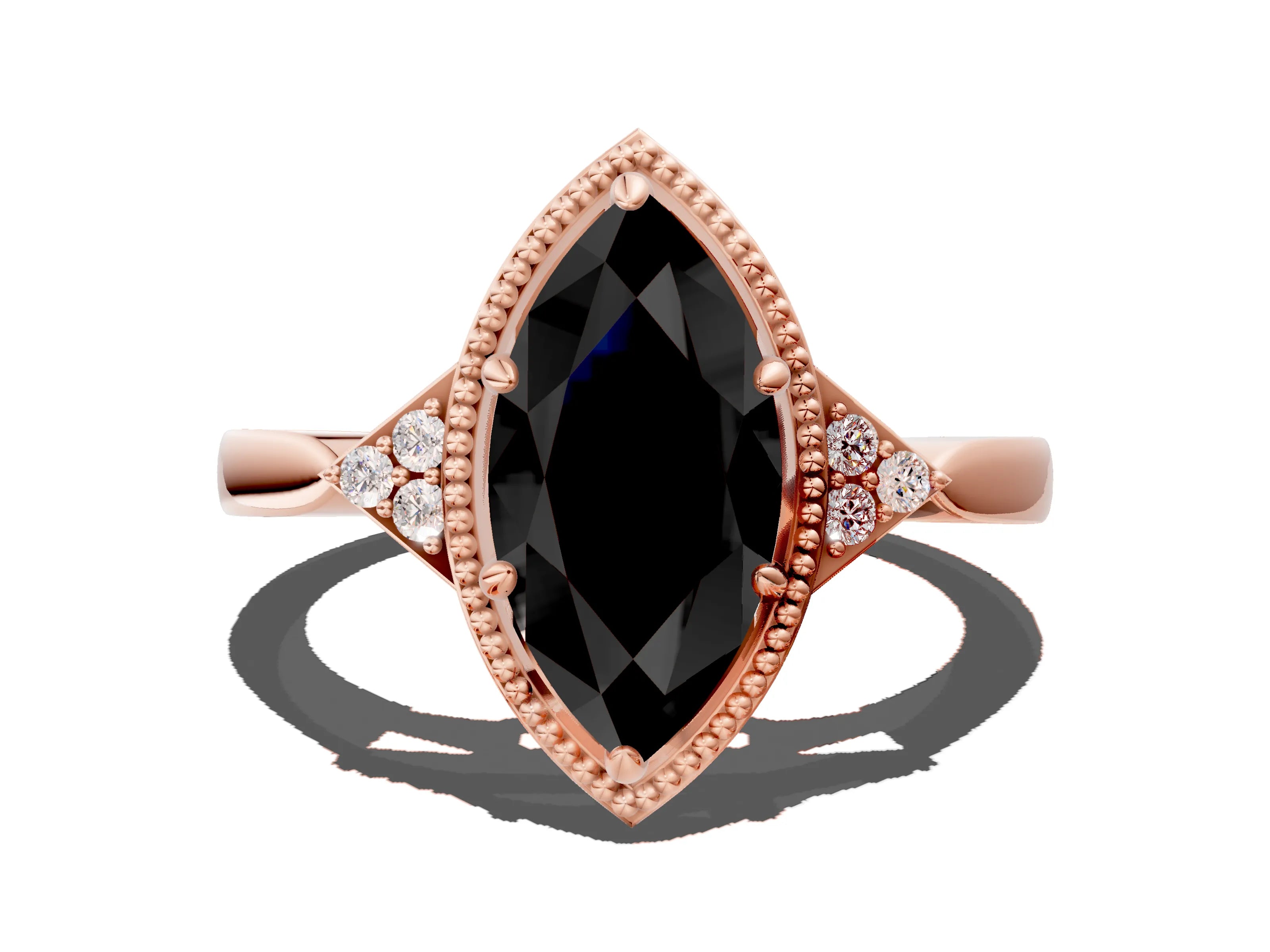 Rose gold Hexagonal Halo Fancy Black Marquise Cut Diamond Solitaire with Pavé Band and Four-Prong Setting_3