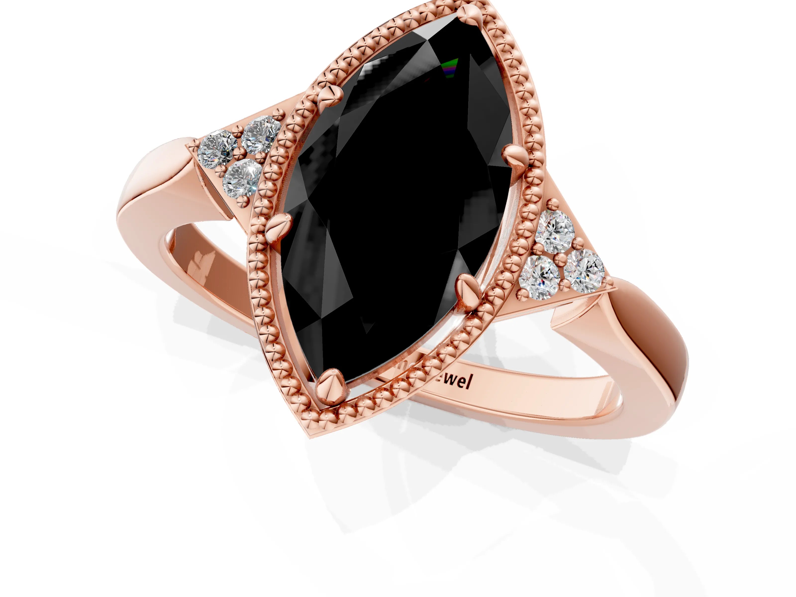 Rose gold Hexagonal Halo Fancy Black Marquise Cut Diamond Solitaire with Pavé Band and Four-Prong Setting_4