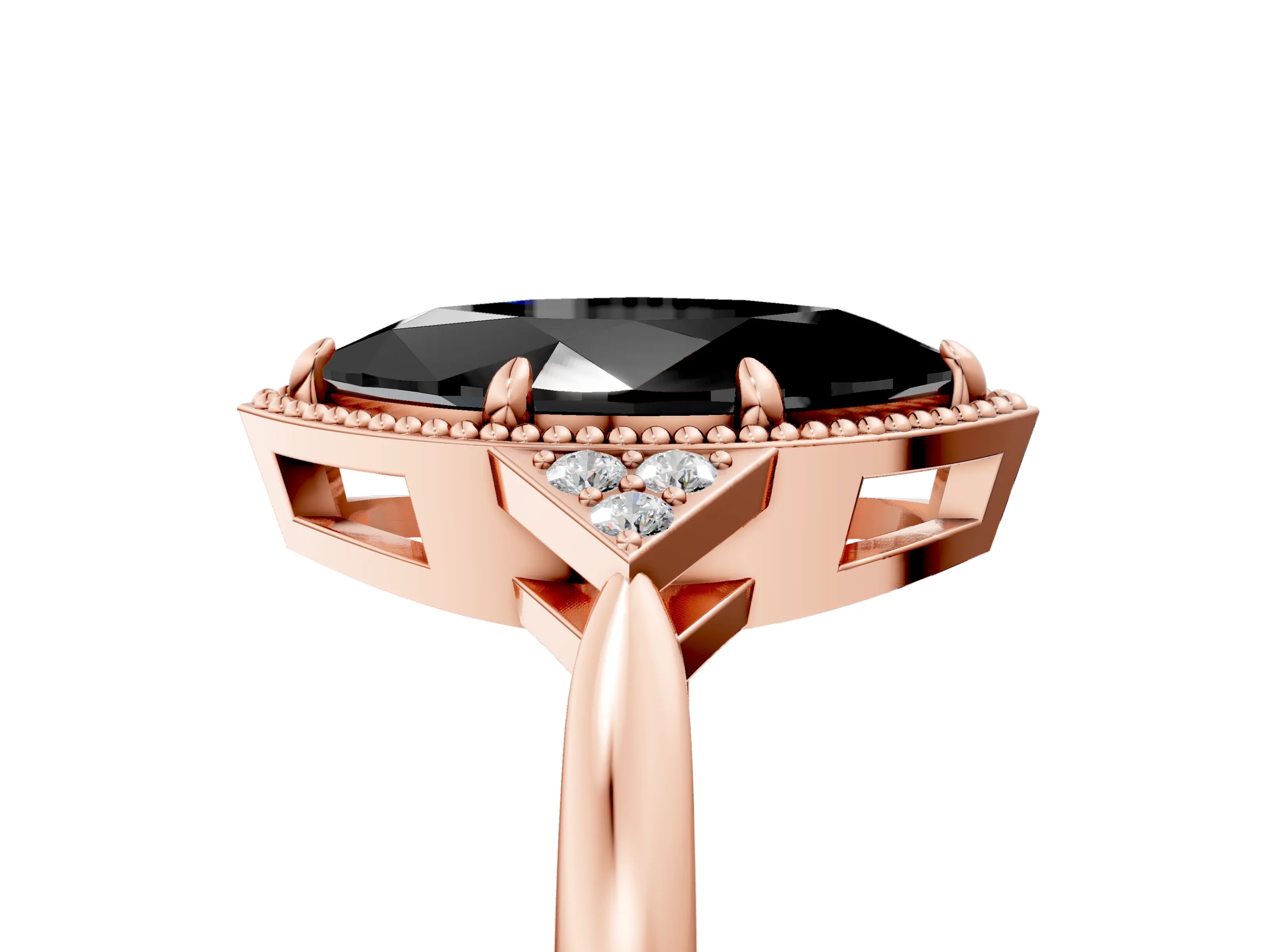 Rose gold Hexagonal Halo Fancy Black Marquise Cut Diamond Solitaire with Pavé Band and Four-Prong Setting_8