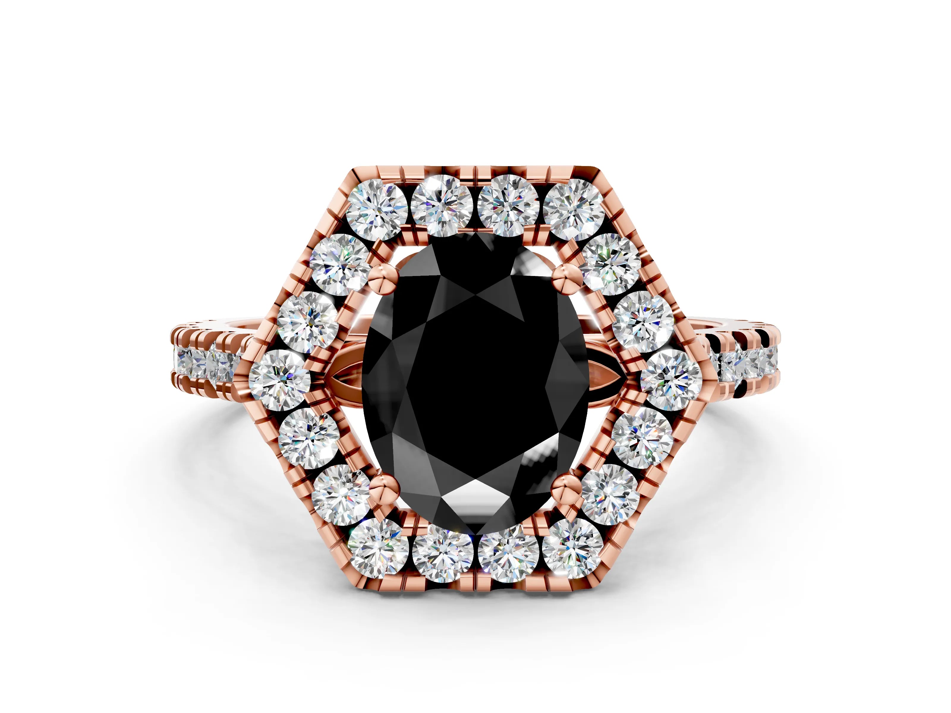 Rose gold Hexagonal Halo Fancy Black Oval Cut Diamond Pavé Band with Four-Prong Setting