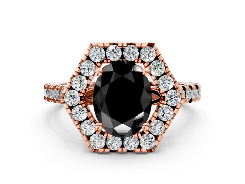 Rose gold Hexagonal Halo Fancy Black Oval Cut Diamond Pavé Band with Four-Prong Setting