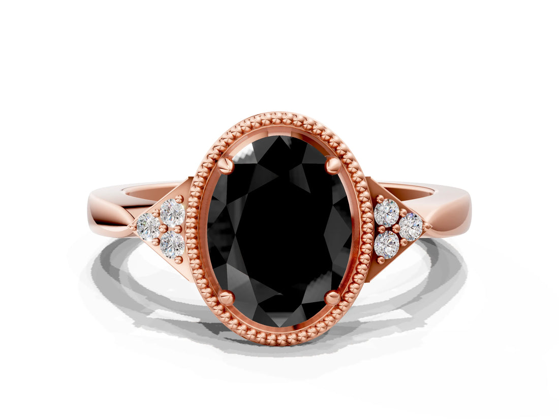 Rose gold Hexagonal Halo Fancy Black Oval Cut Diamond Solitaire with Pavé Band and Four-Prong Setting_3