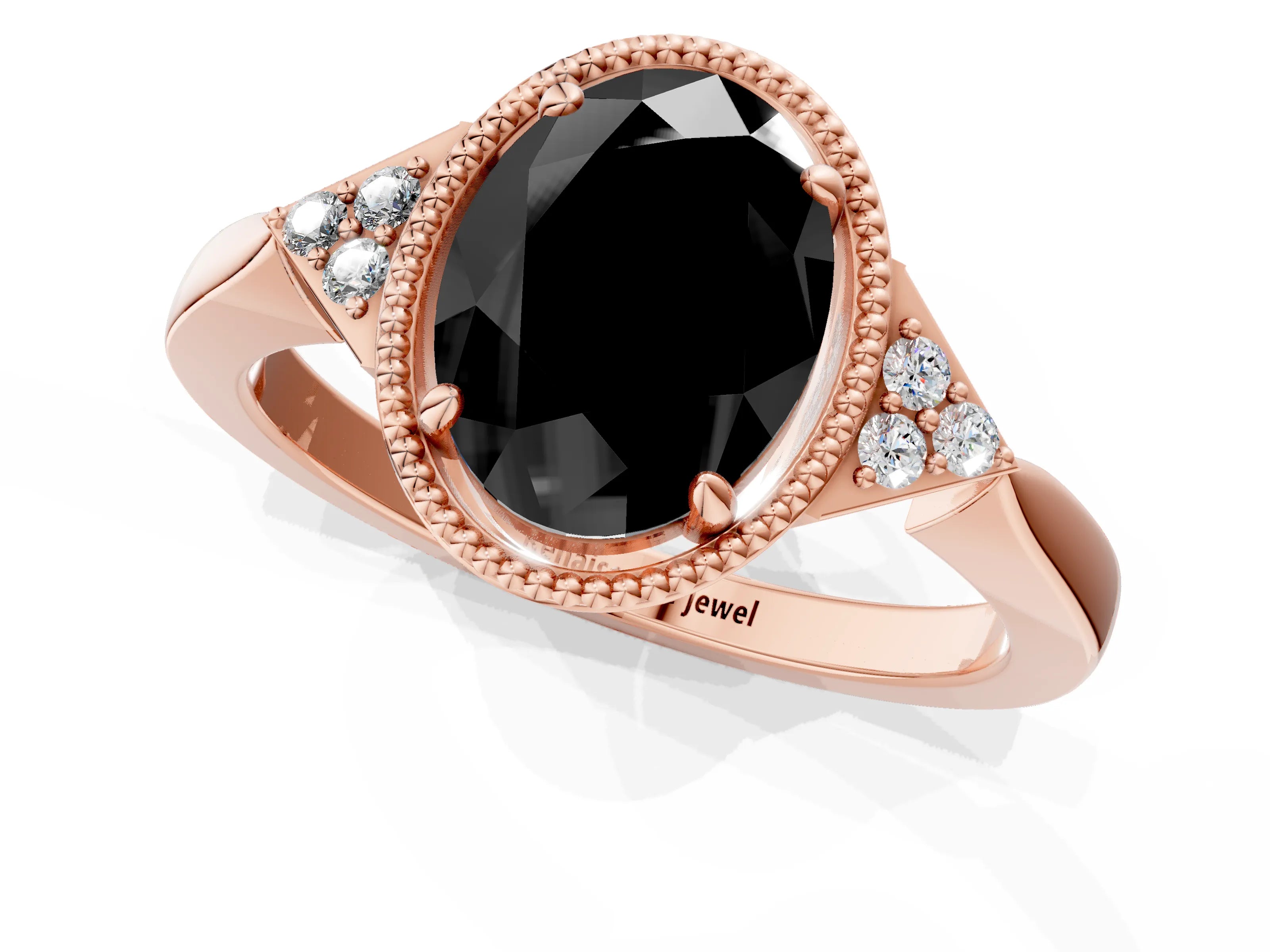 Rose gold Hexagonal Halo Fancy Black Oval Cut Diamond Solitaire with Pavé Band and Four-Prong Setting_4