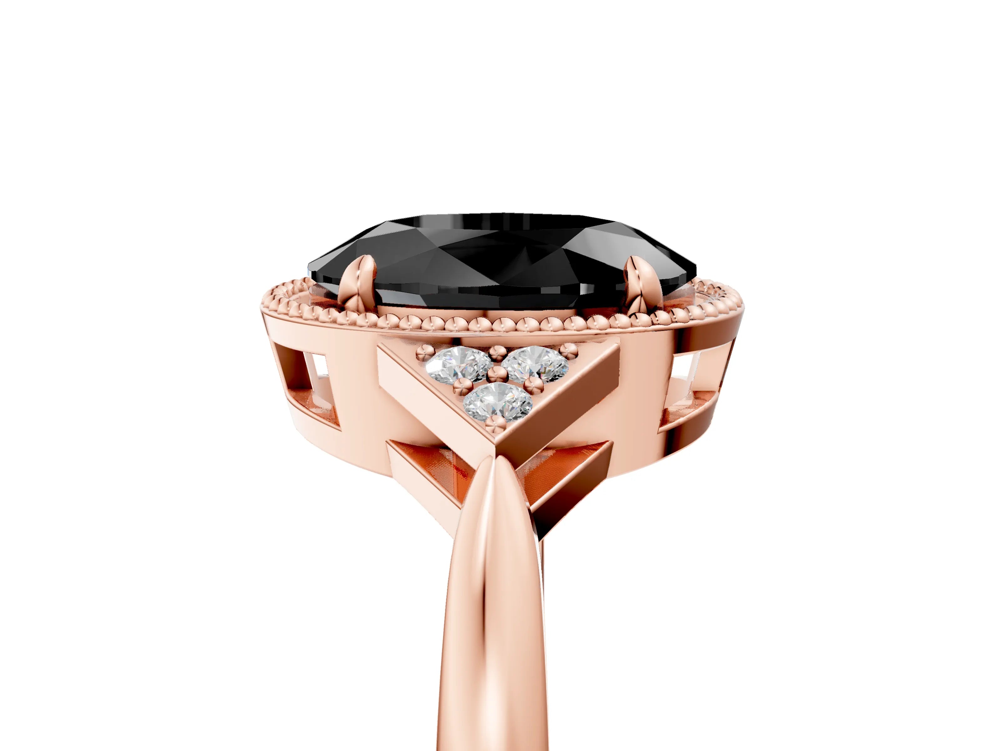 Rose gold Hexagonal Halo Fancy Black Oval Cut Diamond Solitaire with Pavé Band and Four-Prong Setting_8