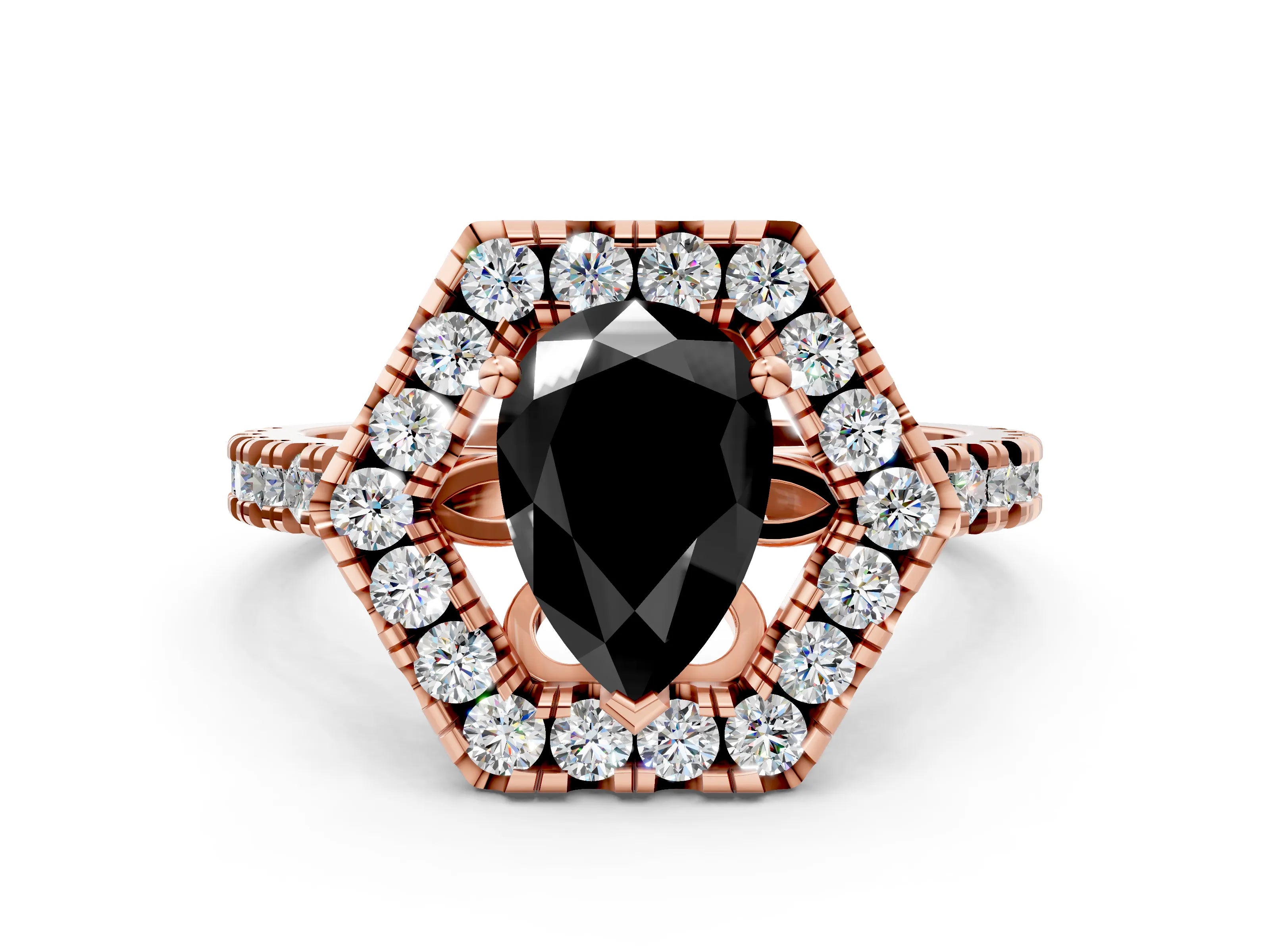 Rose gold Hexagonal Halo Fancy Black Pear Cut Diamond Pavé Band with Four-Prong Setting