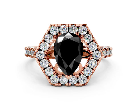 Rose gold Hexagonal Halo Fancy Black Pear Cut Diamond Pavé Band with Four-Prong Setting
