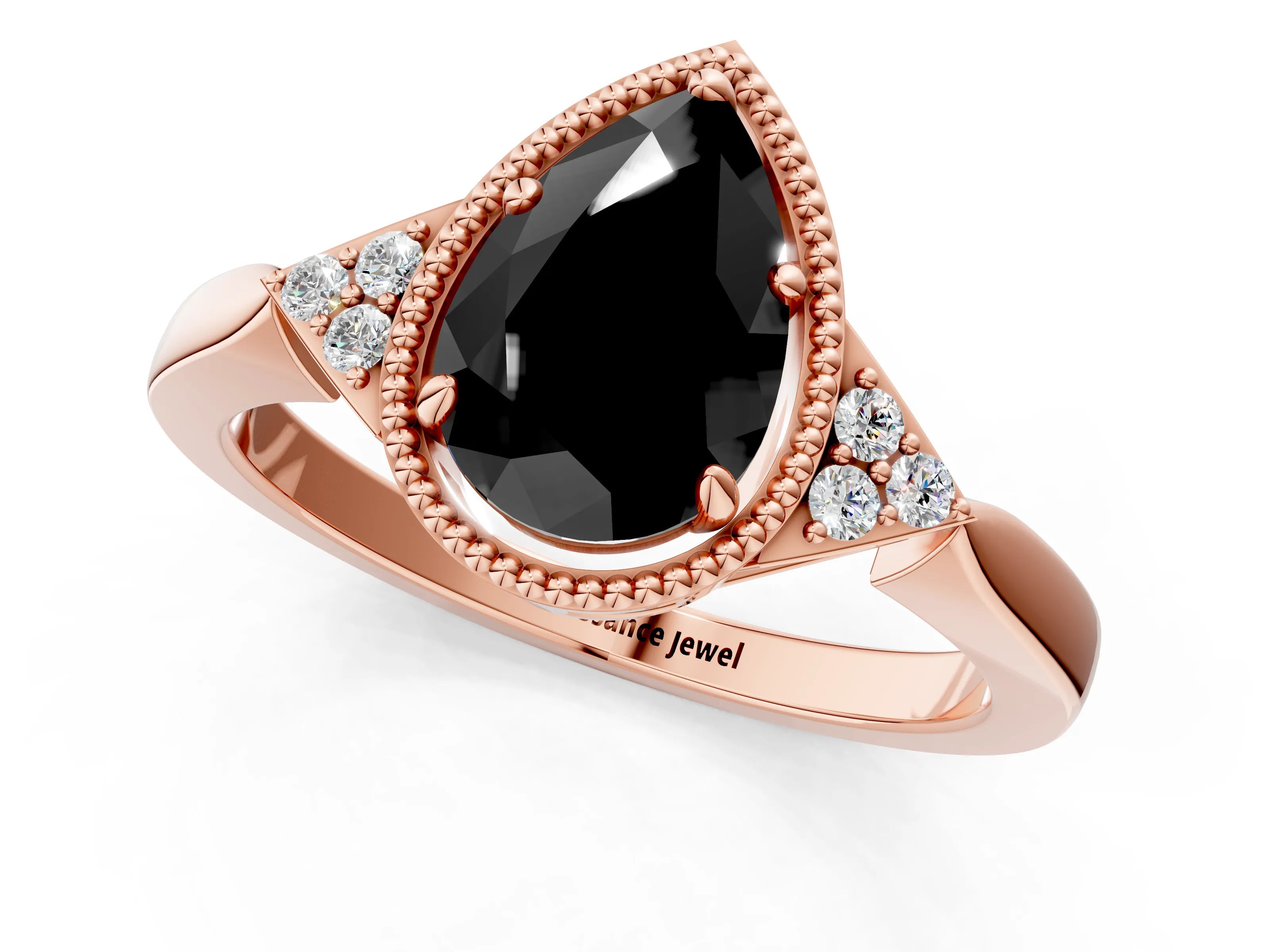 Rose gold Hexagonal Halo Fancy Black Pear Cut Diamond Solitaire with Pavé Band and Four-Prong Setting_4