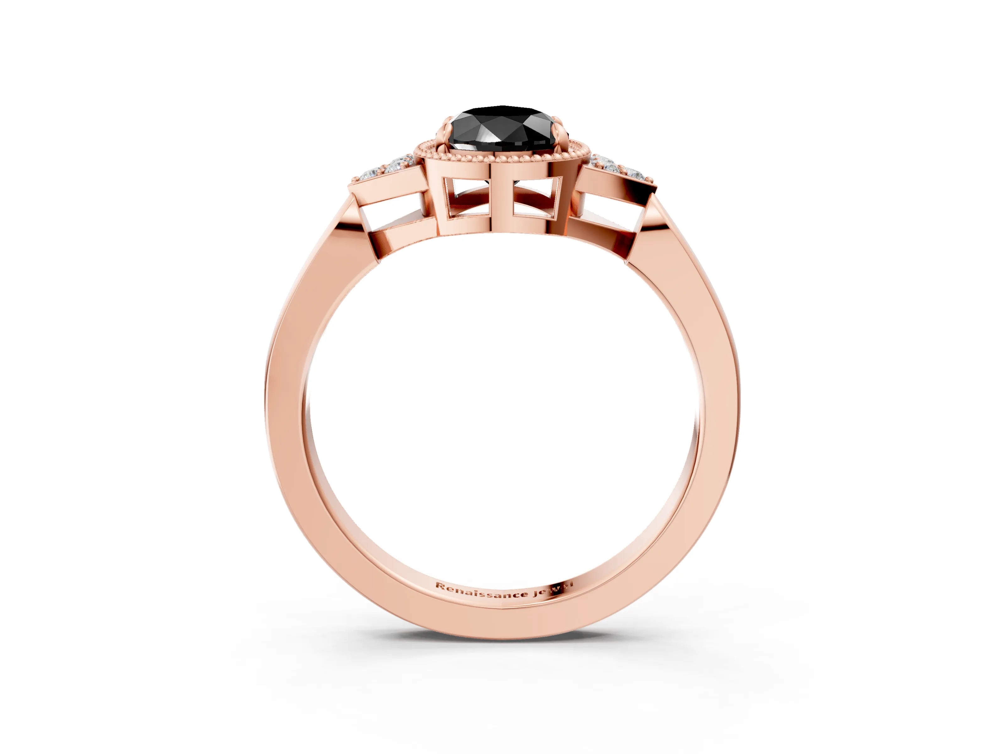 Rose gold Hexagonal Halo Fancy Black Pear Cut Diamond Solitaire with Pavé Band and Four-Prong Setting_6