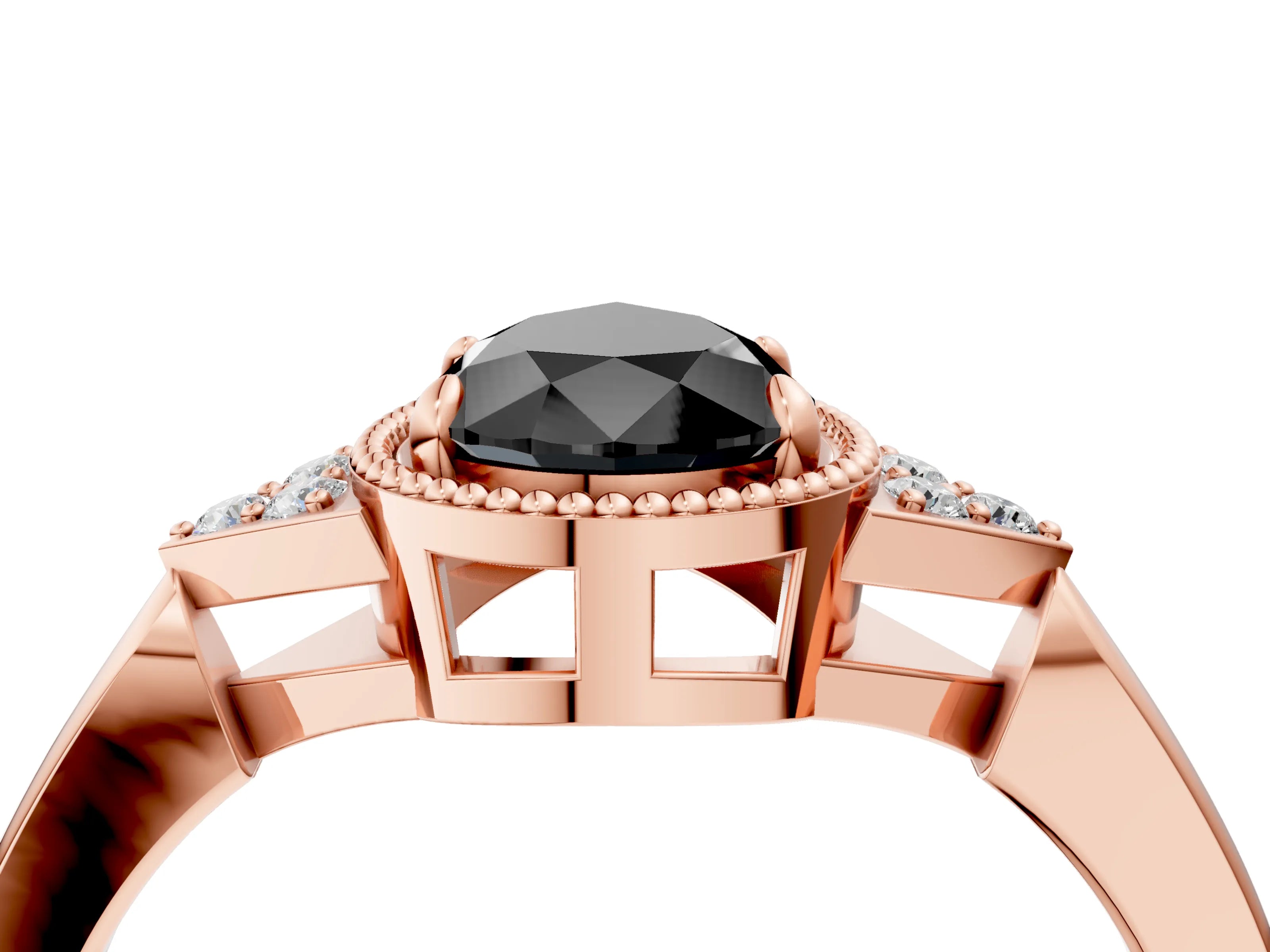 Rose gold Hexagonal Halo Fancy Black Pear Cut Diamond Solitaire with Pavé Band and Four-Prong Setting_7