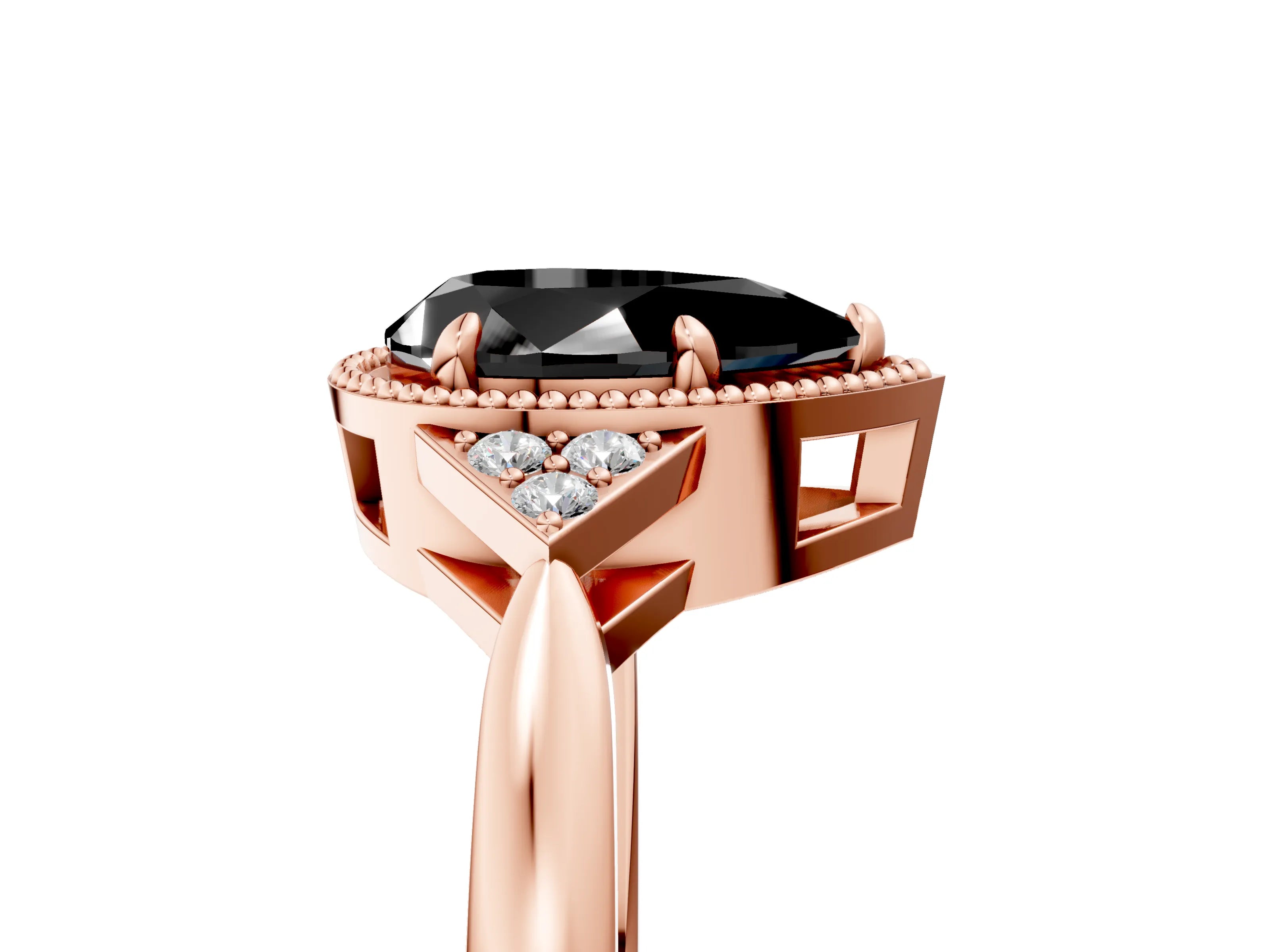 Rose gold Hexagonal Halo Fancy Black Pear Cut Diamond Solitaire with Pavé Band and Four-Prong Setting_8