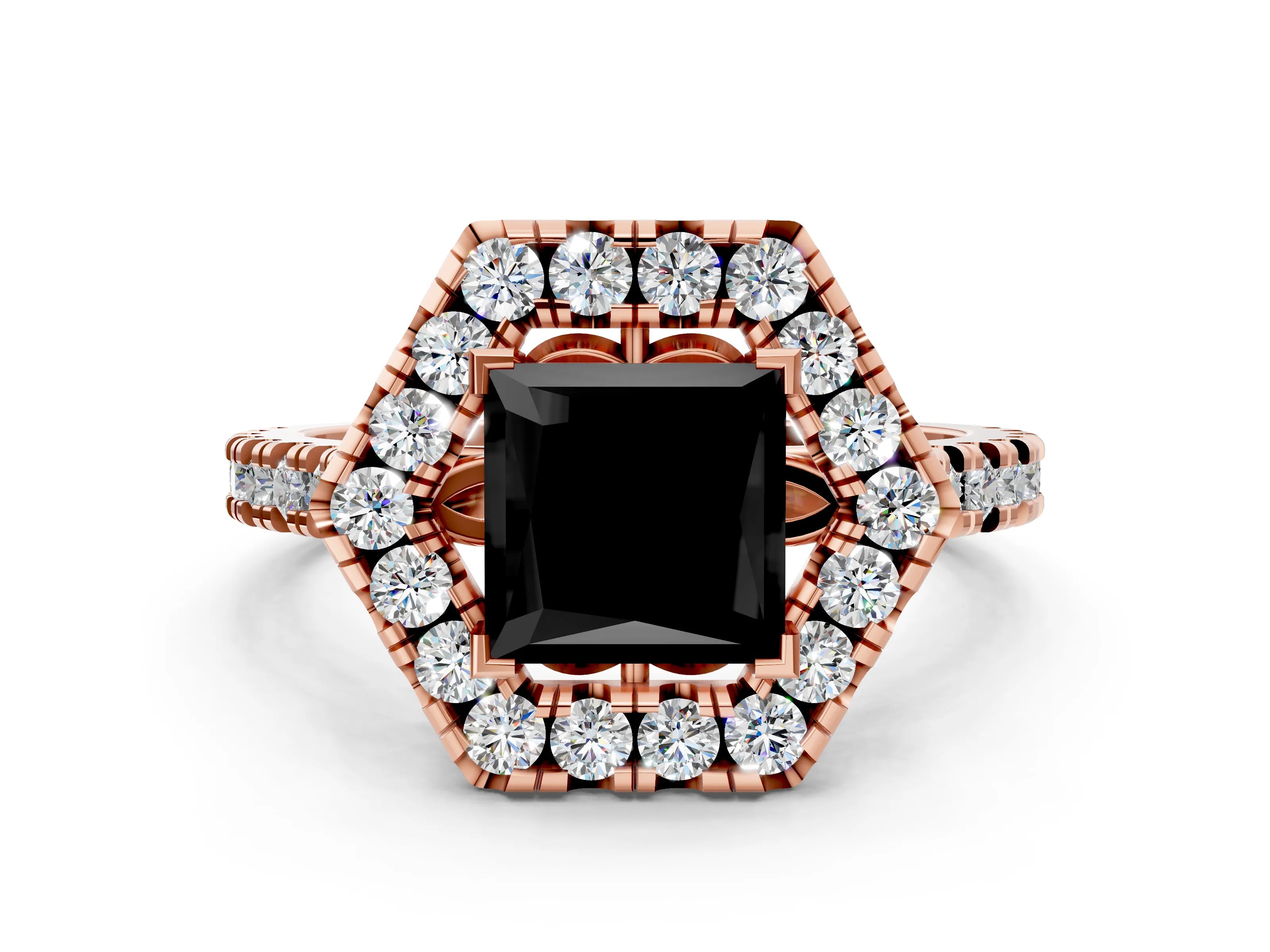 Rose gold Hexagonal Halo Fancy Black Princess Cut Diamond Pavé Band with Four-Prong Setting