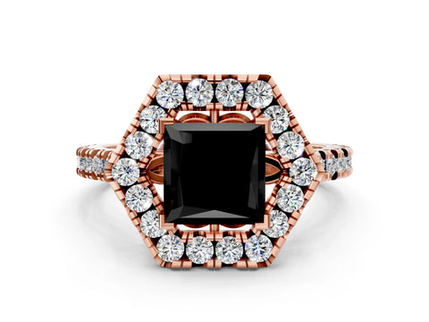 Rose gold Hexagonal Halo Fancy Black Princess Cut Diamond Pavé Band with Four-Prong Setting