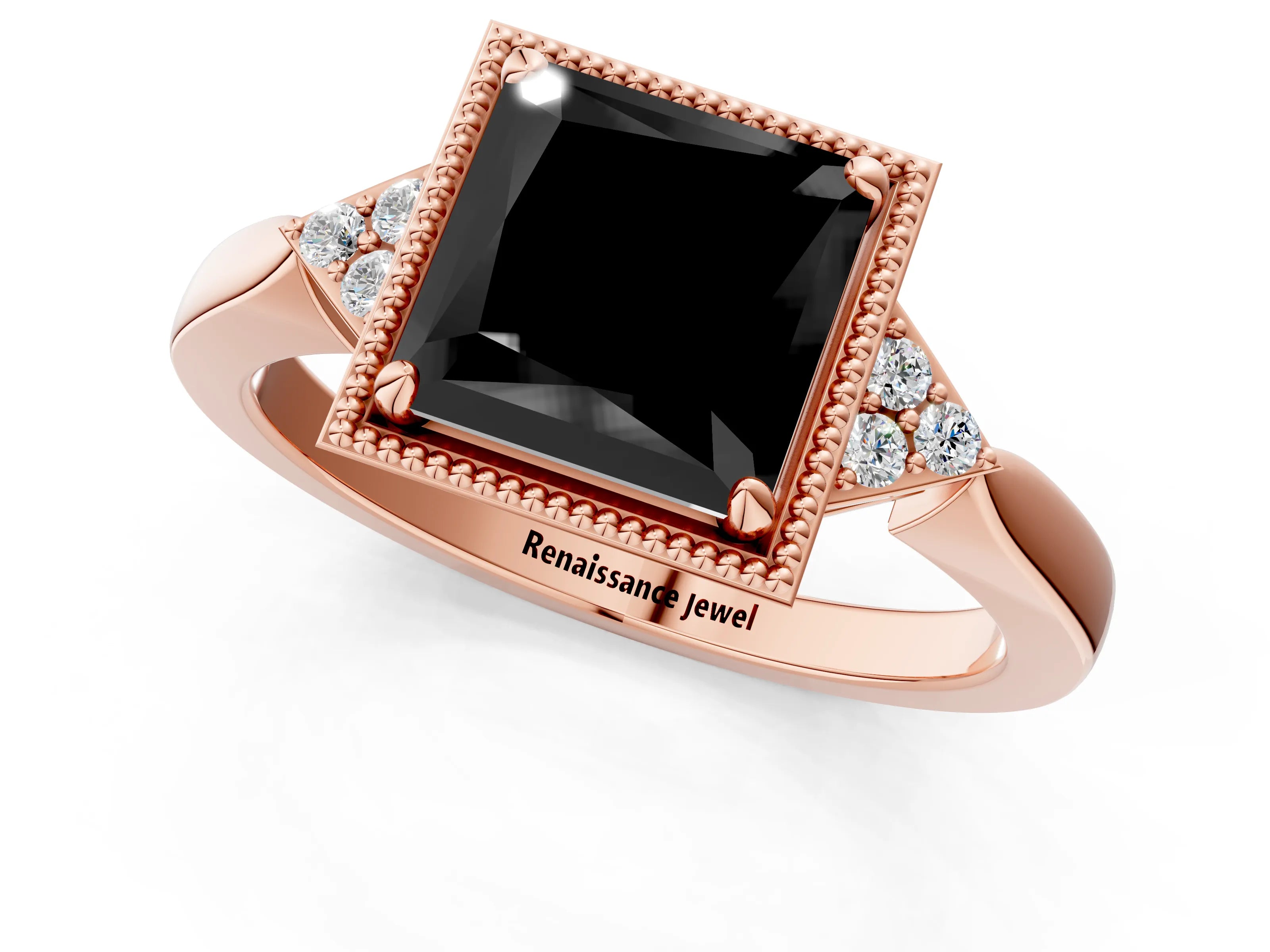 Rose gold Hexagonal Halo Fancy Black Princess Cut Diamond Solitaire with Pavé Band and Four-Prong Setting_4