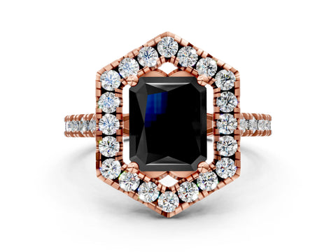 Rose gold Hexagonal Halo Fancy Black Radiant Cut Diamond Pavé Band with Four-Prong Setting