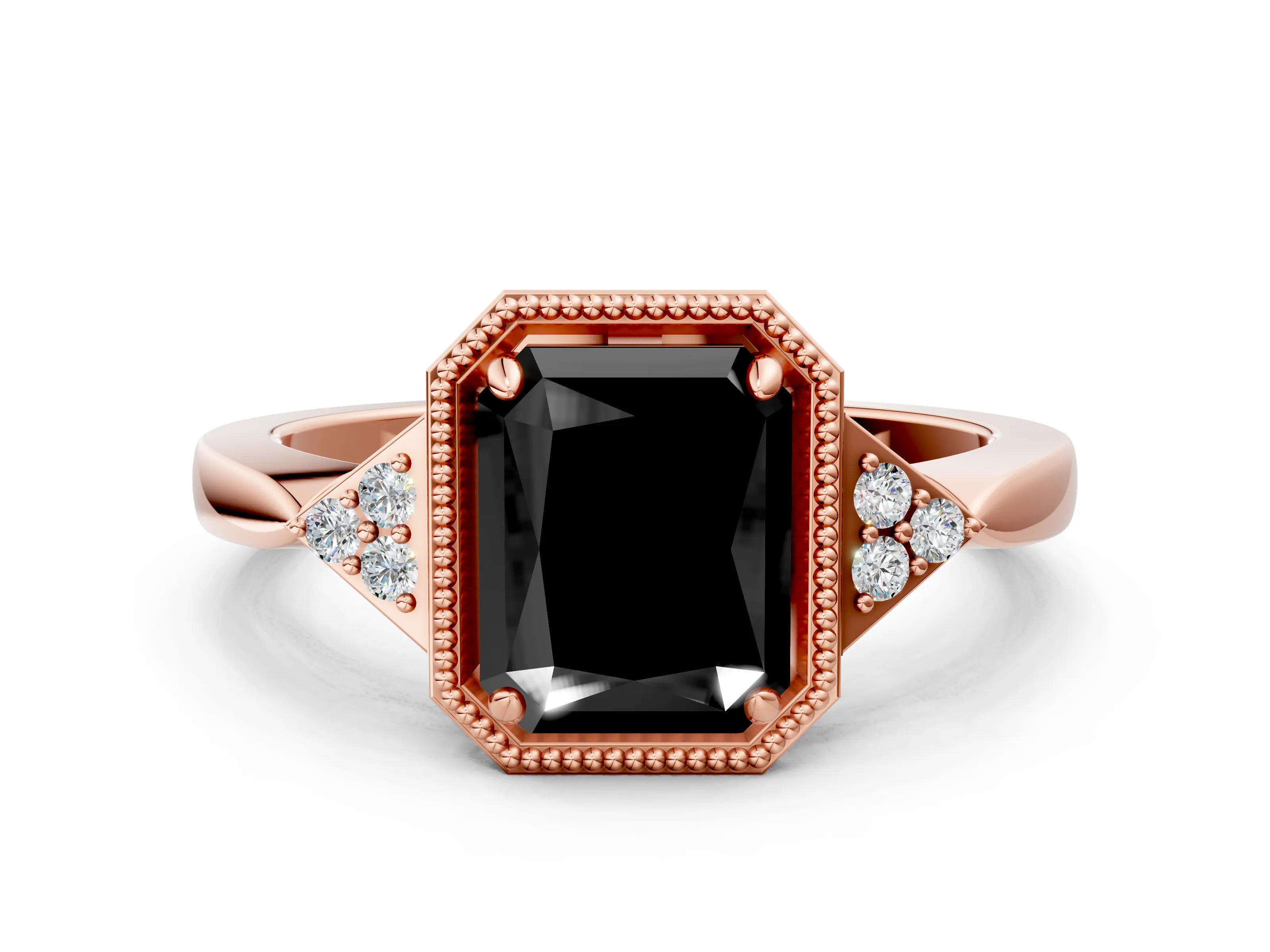 Rose gold Hexagonal Halo Fancy Black Radiant Cut Diamond Solitaire with Pavé Band and Four-Prong Setting_3