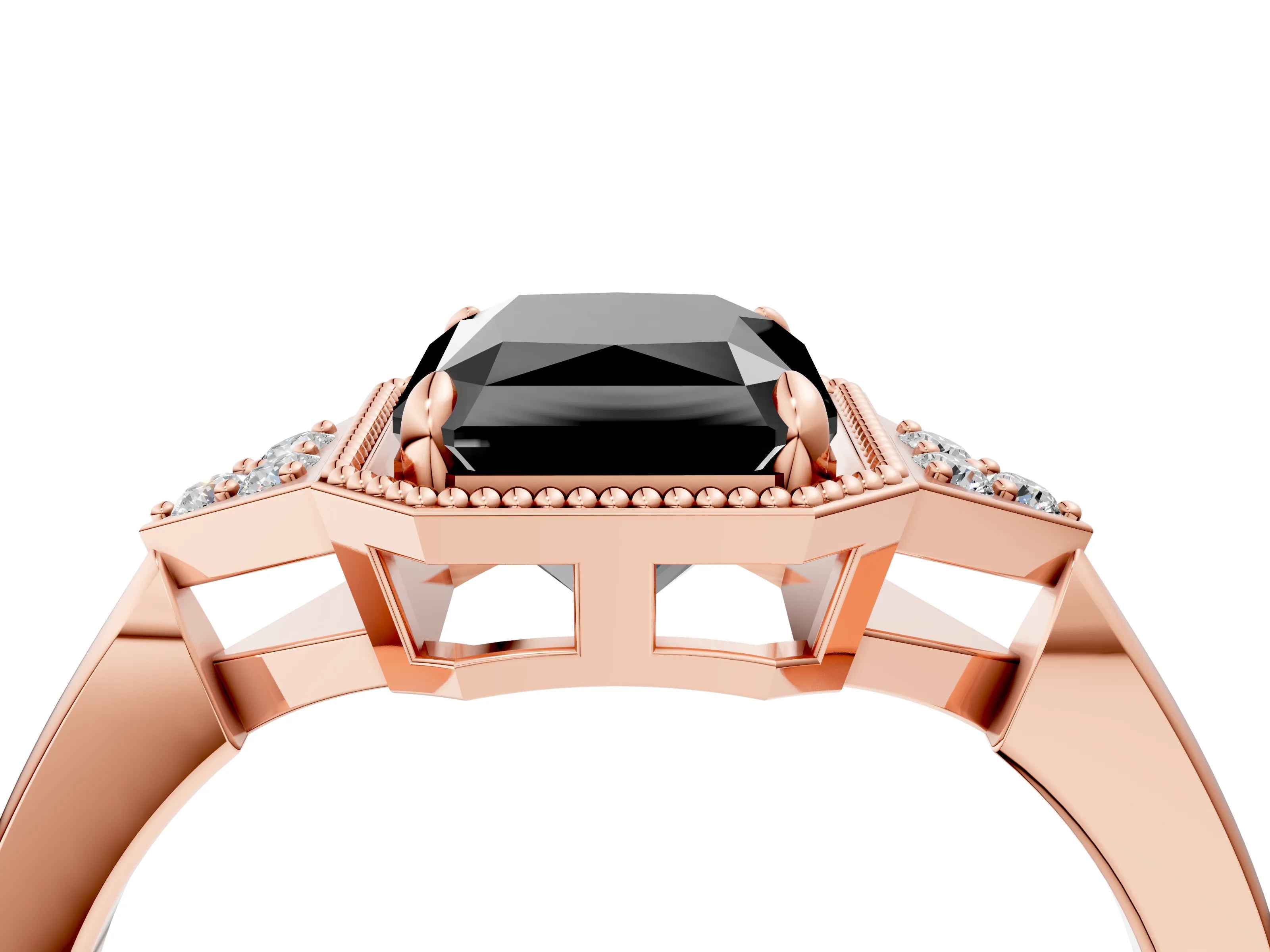 Rose gold Hexagonal Halo Fancy Black Radiant Cut Diamond Solitaire with Pavé Band and Four-Prong Setting_7
