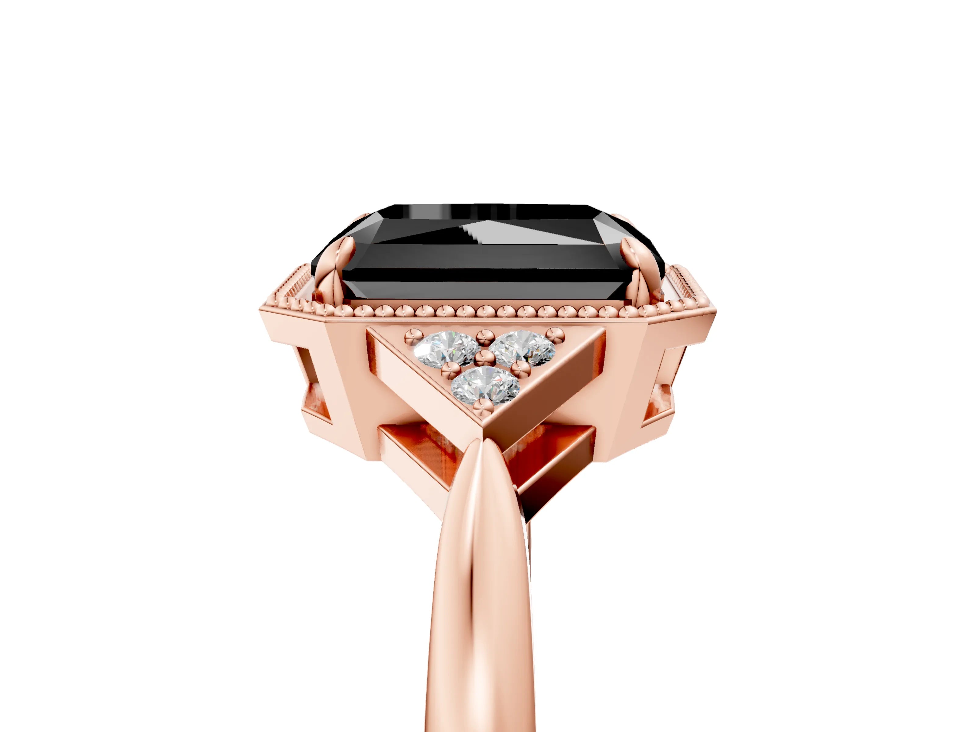 Rose gold Hexagonal Halo Fancy Black Radiant Cut Diamond Solitaire with Pavé Band and Four-Prong Setting_8