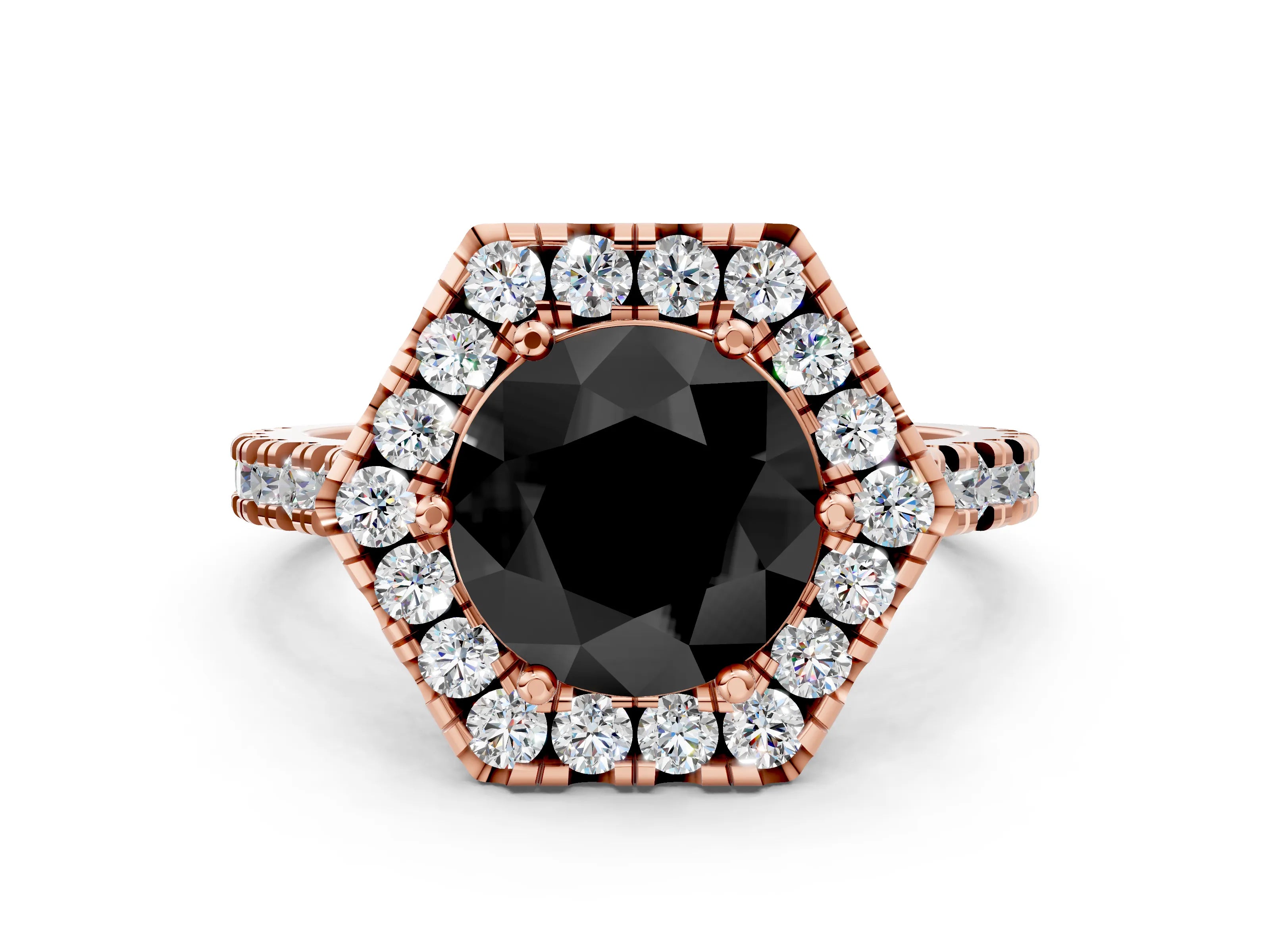 Rose gold Hexagonal Halo Fancy Black Round Cut Diamond Pavé Band with Four-Prong Setting_12