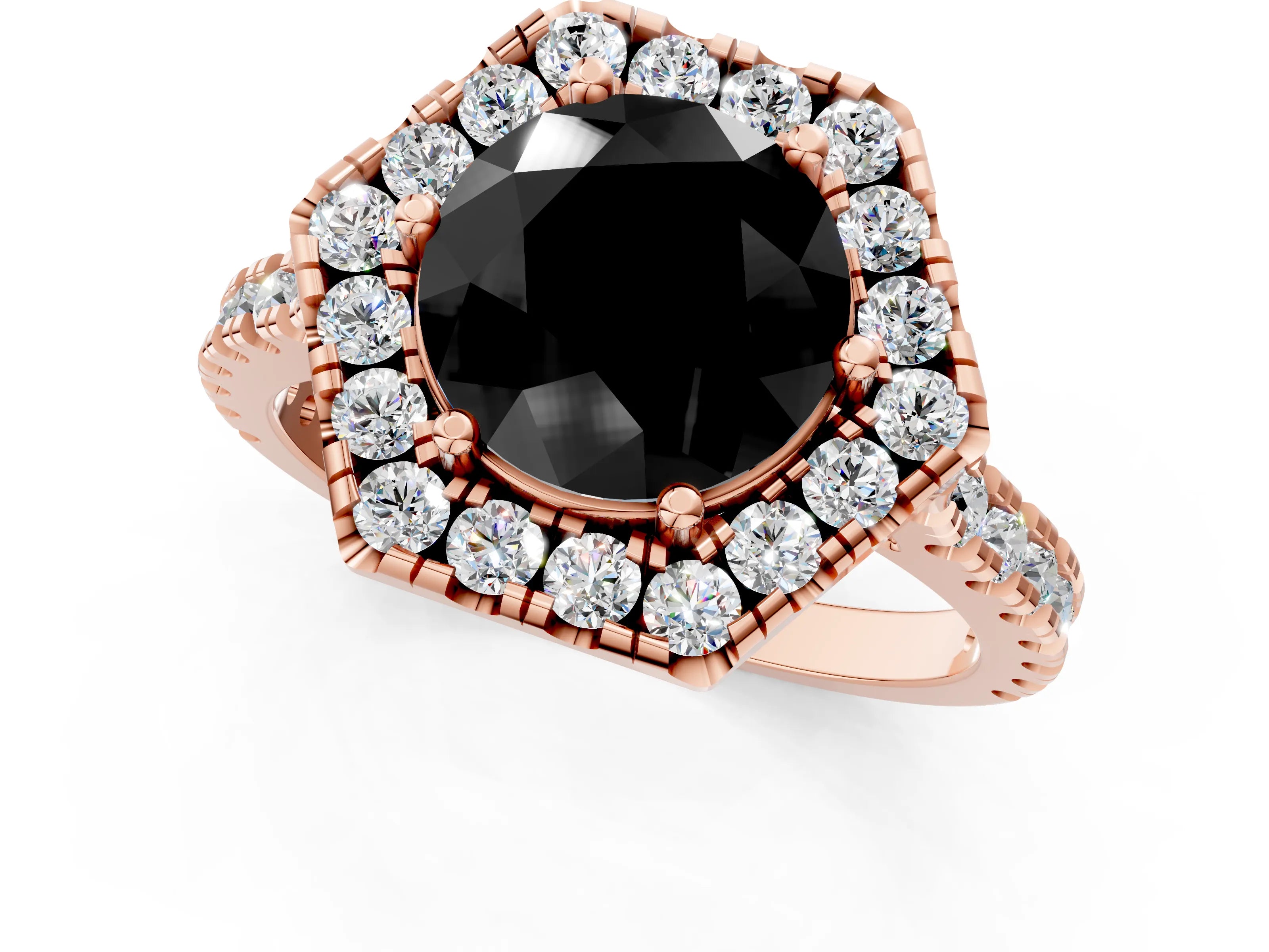 Rose gold Hexagonal Halo Fancy Black Round Cut Diamond Pavé Band with Four-Prong Setting_13
