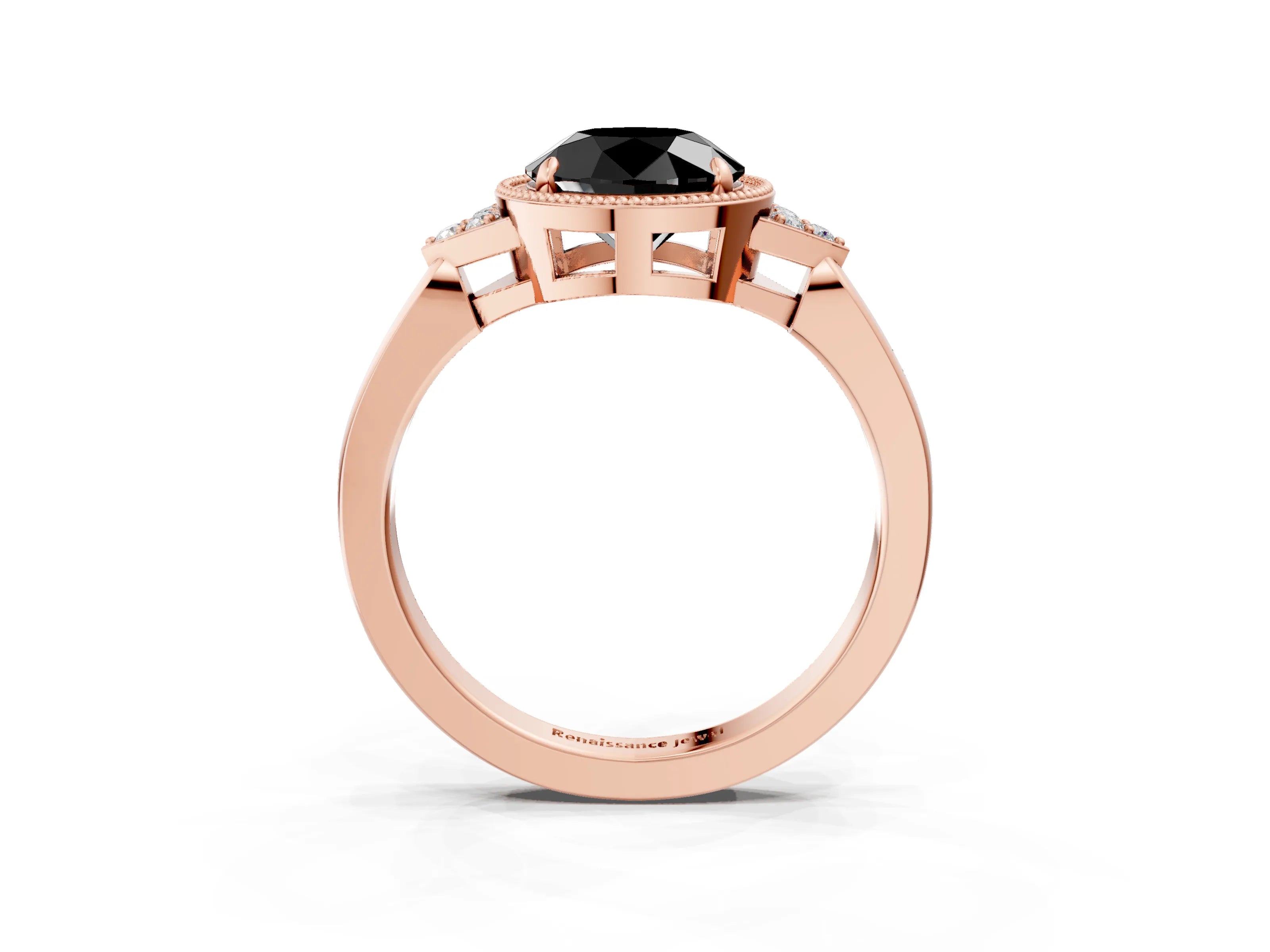 Rose gold Hexagonal Halo Fancy Black Round Cut Diamond Solitaire with Pavé Band and Four-Prong Setting_6